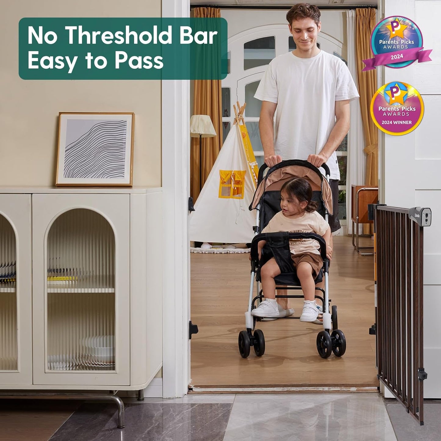 Babelio 34" Extra Tall Baby/Dog Gate with No Threshold Design Walk Thru Door, 26-43" Auto Close Safety Gate for Babies, Elders and Pets, Fits Doorways, Stairs, and Entryways, Black Wood Pattern