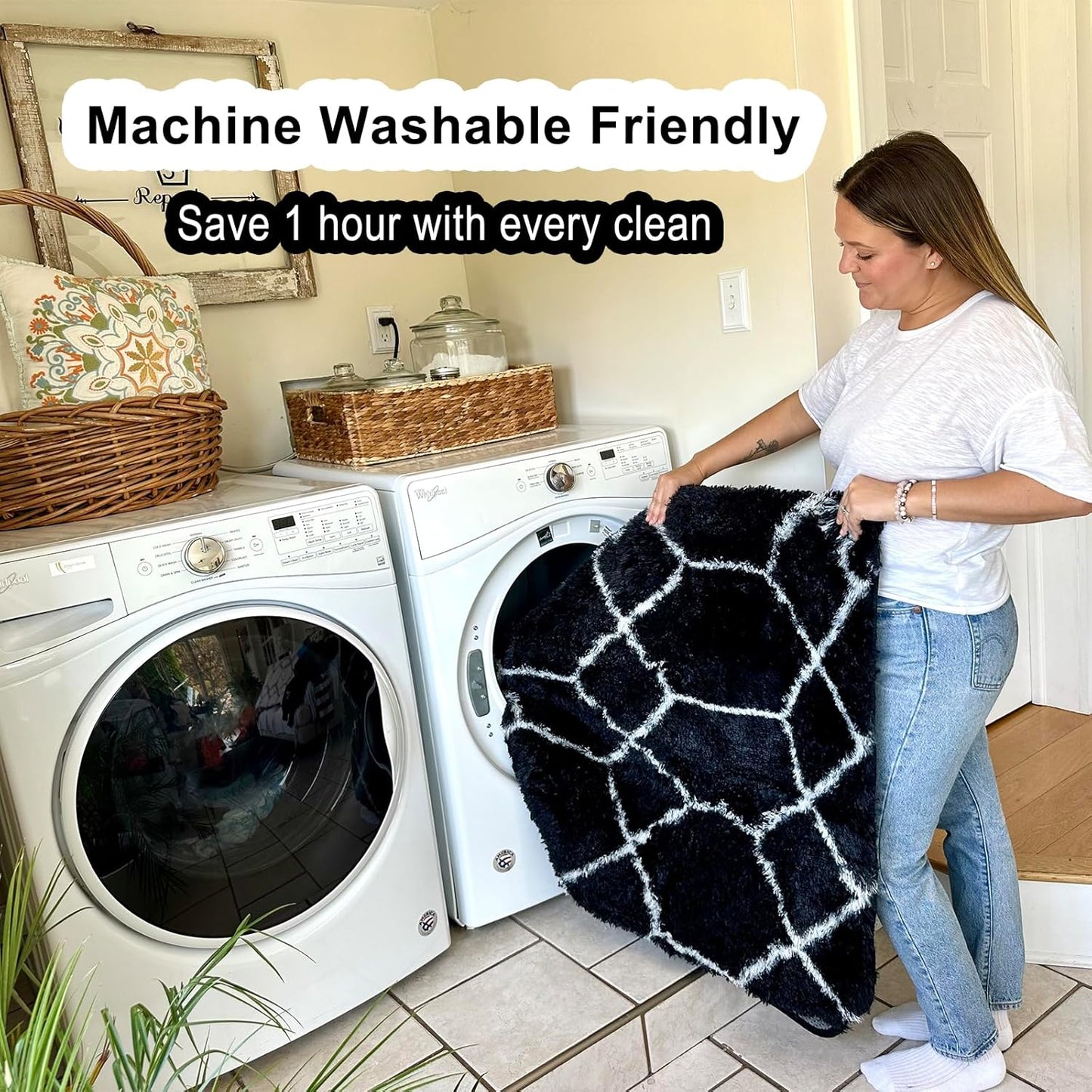 ONASAR 5x7 Area Rugs for Living Room Bedroom, Washable Fluffy Black and White Rug, Geometric Boho Soft Plush Shaggy Floor Carpet Mat for Nursery Kids Girls Boys Teen Dorm Home Decor Aesthetic