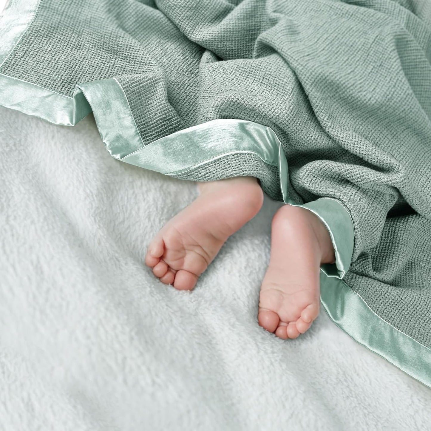 lulumoon Swaddle Baby Blanket: Waffle Blanket with Satin Trim - Breathable Toddler Blankets Perfect for Nursing Cover and Playtime - Cotton Crib Quilt for Daytime Naps 40"x36"(Sage)