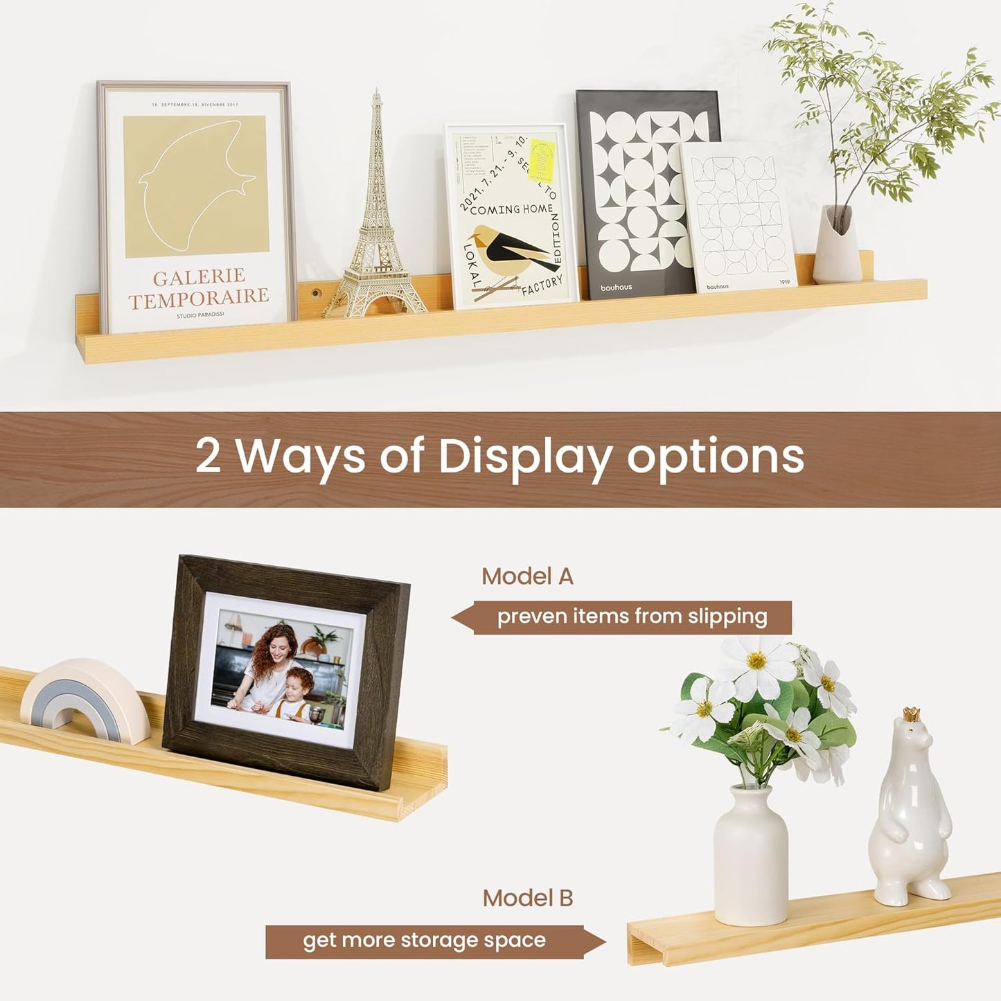 Picture Ledge Shelf, Solid Pine Wood Floating Shelves Set of 2, 32 Inches Nursery Book Shelves for Toys Storage, Kids Bookshelf Wall Mounted for Living Room Bedroom Decor Books Photo Frames, Natural