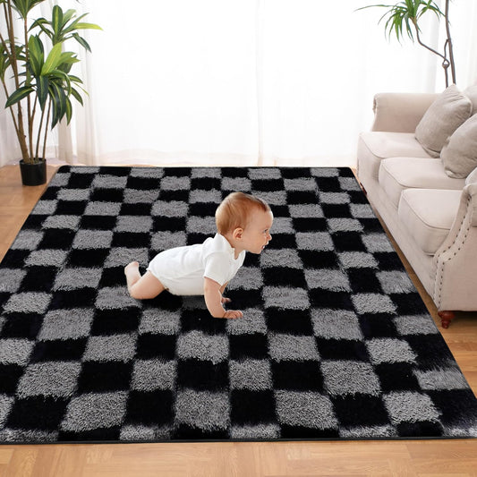 Super Soft Rug for Bedroom, 3x5 Ft Grey and Black Area Rug Classic Checkered Shaggy Rug Anti-Skid High Pile Soft Fluffy Fuzzy Carpet for Living Room Bedroom Kids Room Nursery, Dorm Home Decor