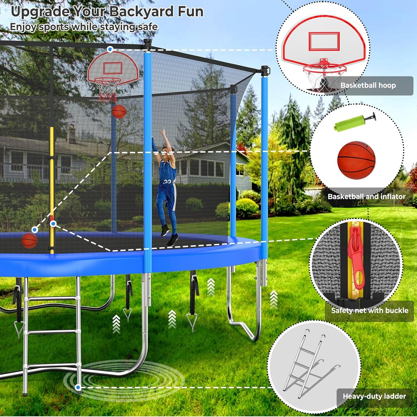 Upgraded 10/12/14/15/16FT Trampoline Outdoor, Large Kids Trampoline with Light, Stakes, Sprinkler, Backyard Trampoline with Basketball Hoop and Net, Capacity for 4-6 Kids and Adults