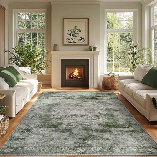 jinchan Washable Area Rug 6x9 for Living Room - Soft Faux Wool Ultra-Thin Stain Resistant Non-Slip Distressed Vintage Floral Rug Large Carpet for Bedroom,Dining Room,Home Office,Nursery(Green, 6'x9')