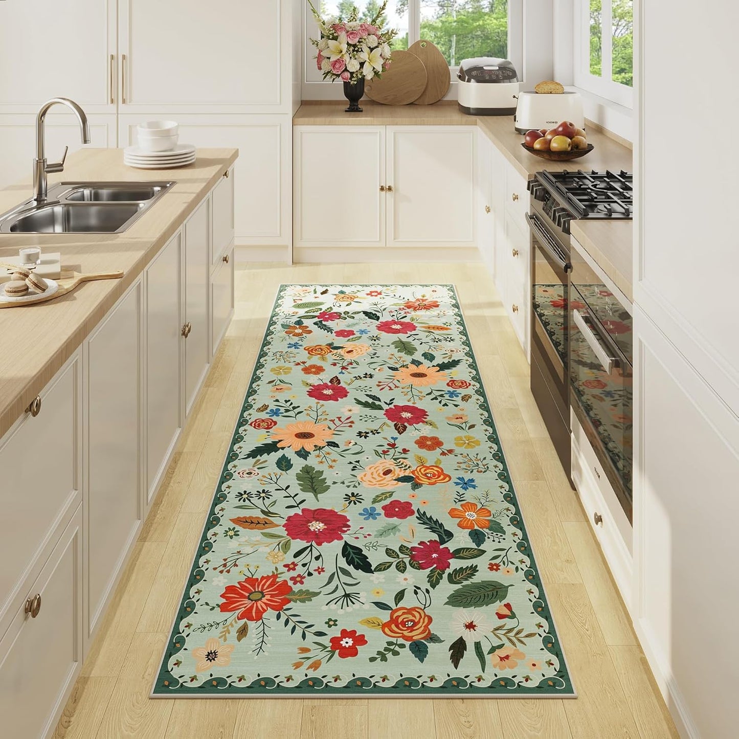 Rug Runners 2x6, Floral Green Washable Kitchen Rugs for Hallways Area Rugs, Non Slip Long Rug Low Pile Doormat Flower Carpet for Kitchen, Entryway Indoor, Bedroom, Bathroom, Laundry, Sage Green