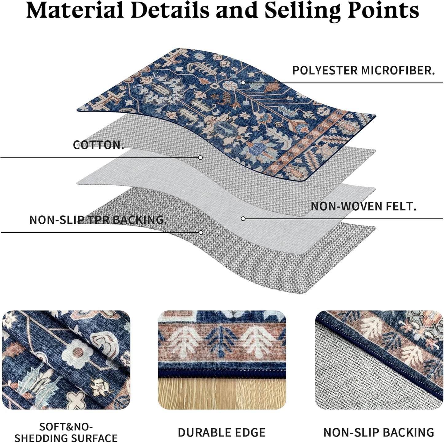 9x12 Area Rug Washable: Oriental Soft Area Rug for Living Room Bedroom No Shedding - Low Pile Thin Carpet Rug for Dining Room Non Slip - Boho Vintage Rug for Home Decor - Navy Blue