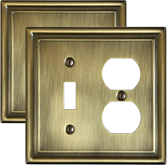 Combination 1 Toggle and 1 Duplex Metal Wall Plate, Decorative Antique Brass Switch Plates and Outlet Covers, Midsize, 2-Gang, 2-Pack, Corrosion Resistant
