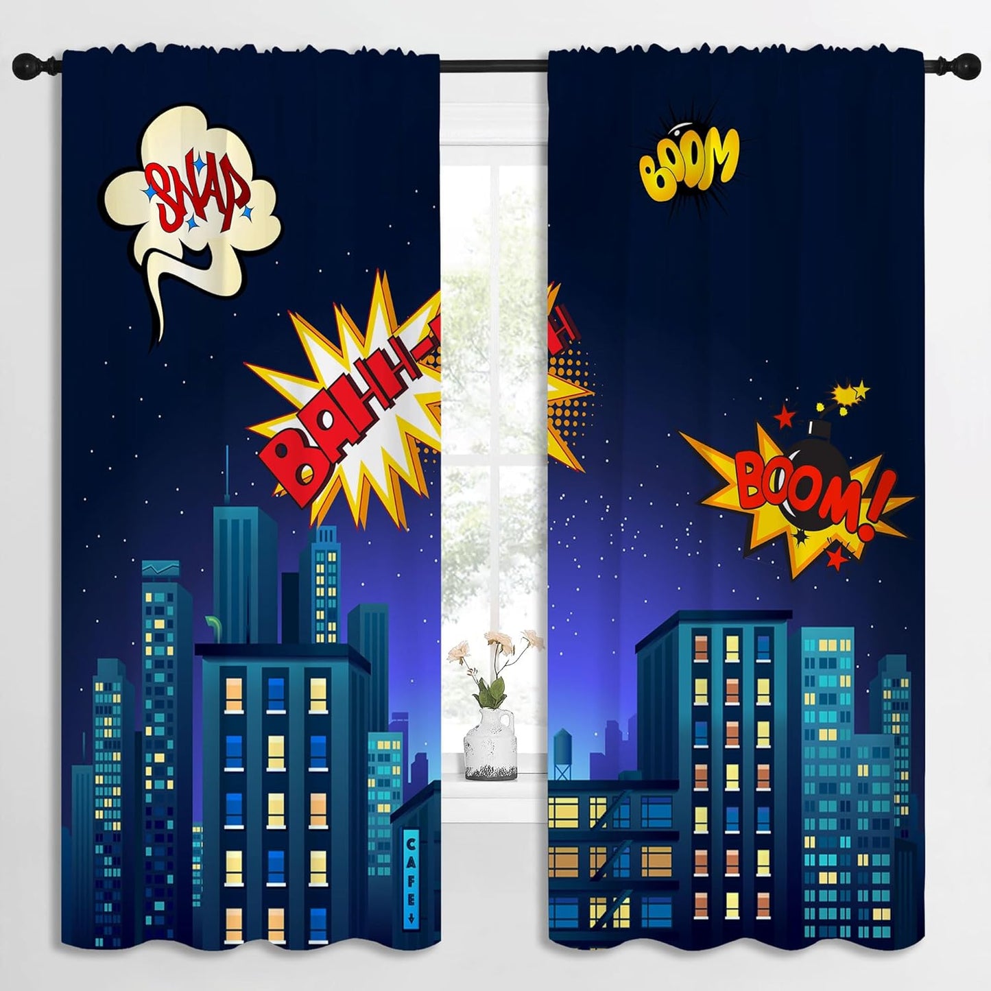 Superhero Rod Pocket Blackout Curtains for Boy Girl Bedroom, Cartoon Skyline Buildings Cityscape Home Energy Efficient Light Filtering Window Curtain for Living Room, 84x63 inch