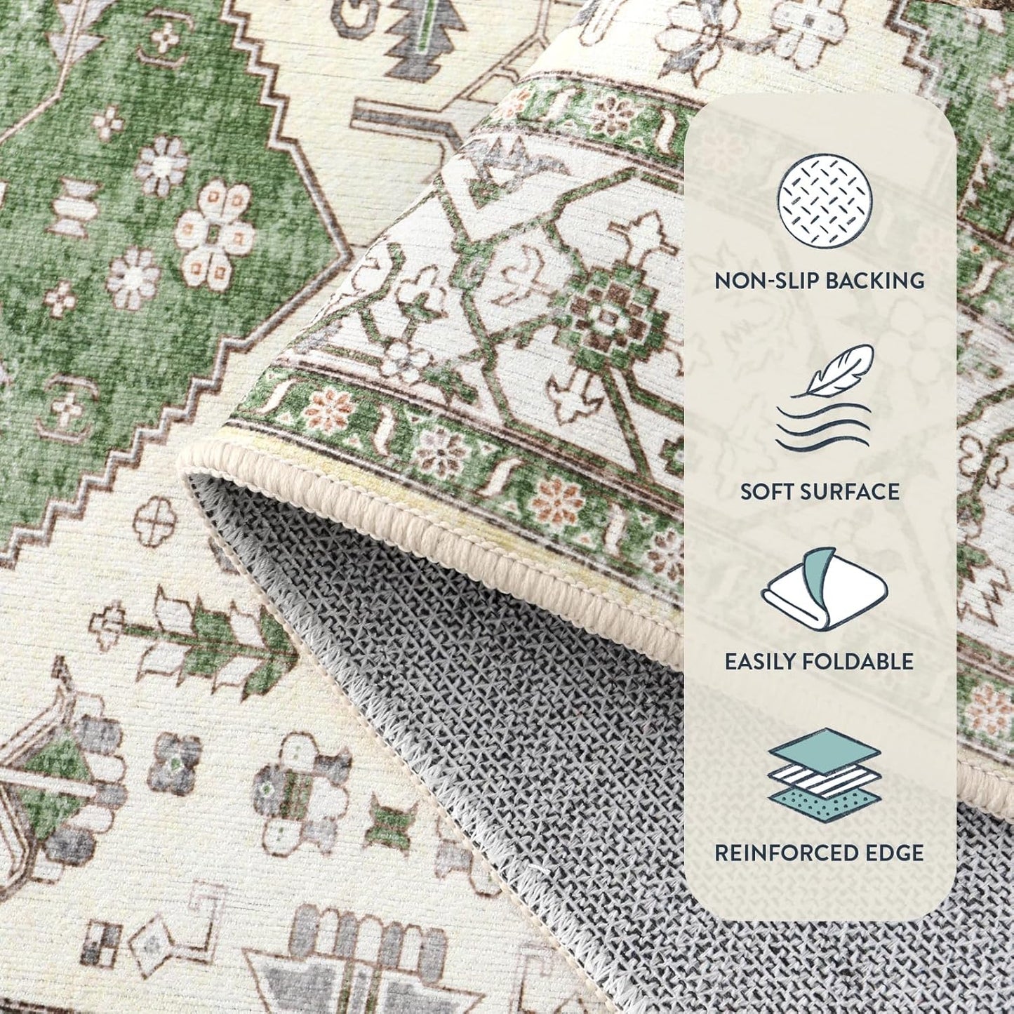 Lahome Boho Green Machine Washable Living Room Rugs - 3x5 Area Rugs for Bedroom Non-Slip Ultra-Thin Entryway Rug, Vintage Print Throw Indoor Carpet Rug for Office Kitchen (Green, 3'x5')