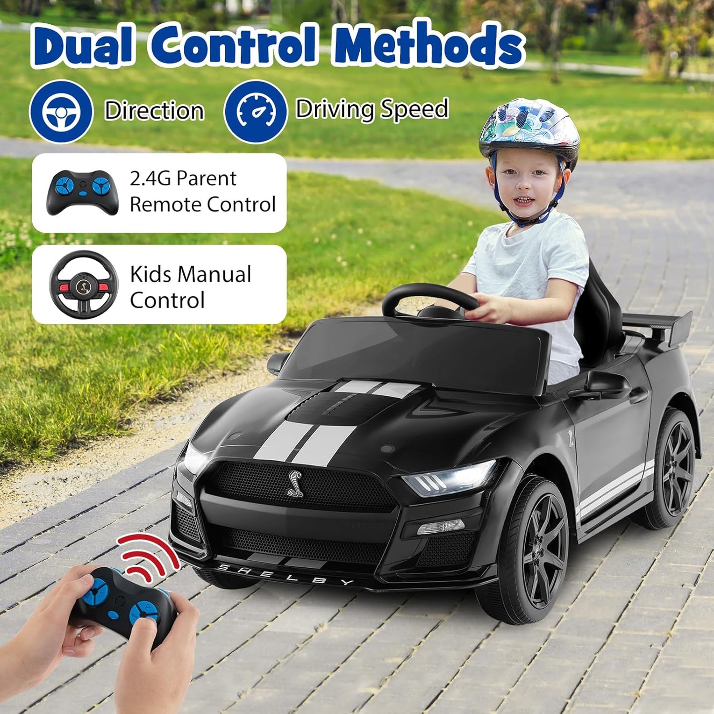 Costzon Ride on Car, 12V Licensed Ford Mustang Shelby GT500 Kids' Electric Vehicles w/Remote Control, USB Port, Radio, Music, Player, High Low Speed & Soft Start, Racing Kids Car for Toddler (Black)