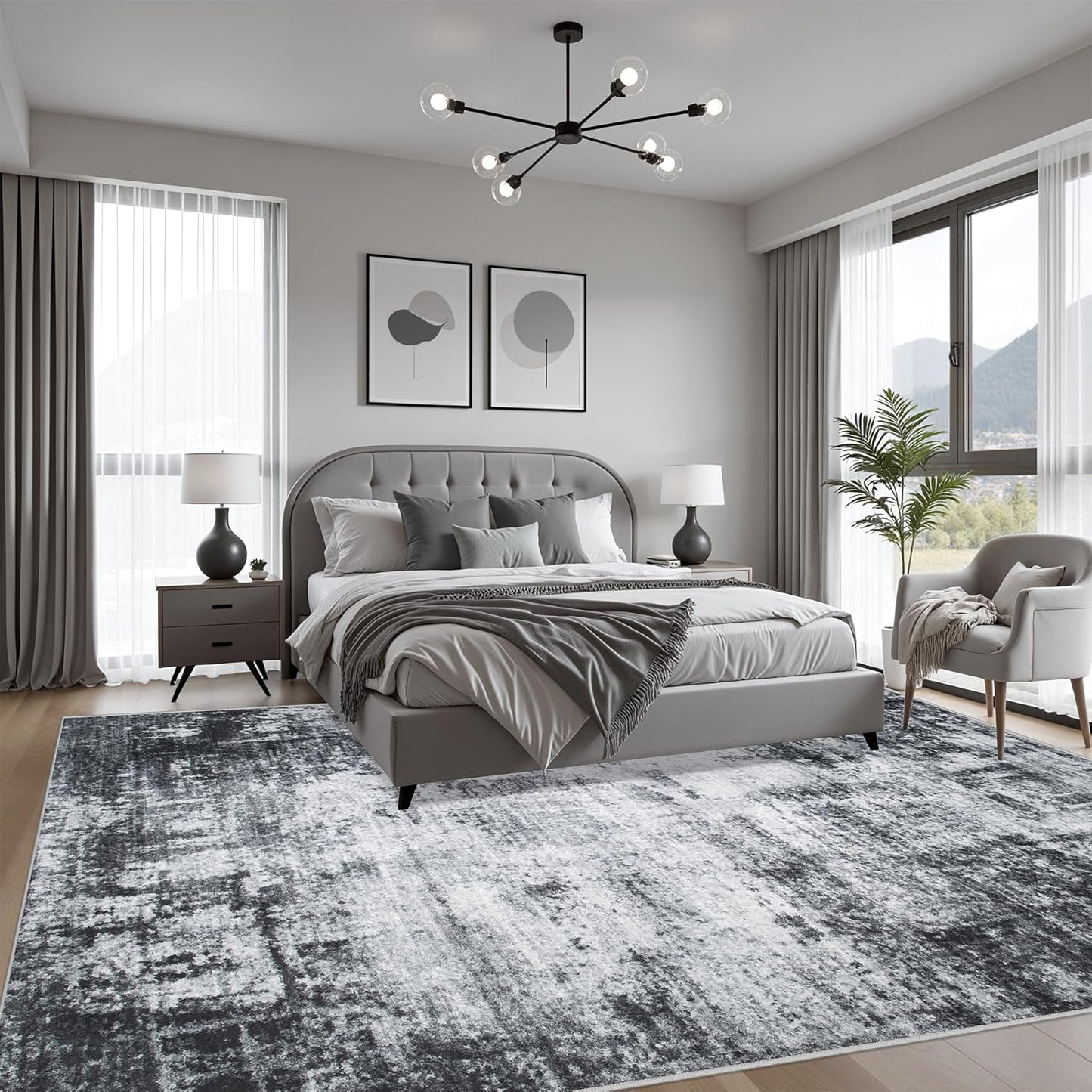 5x7 Area Rug Living Room Rug: Washable Modern Abstract Soft Thin Rug Indoor Floor No Slip Stain Resistant Carpet for Bedroom Dining Room Farmhouse Nursery Home Office - Dark Black