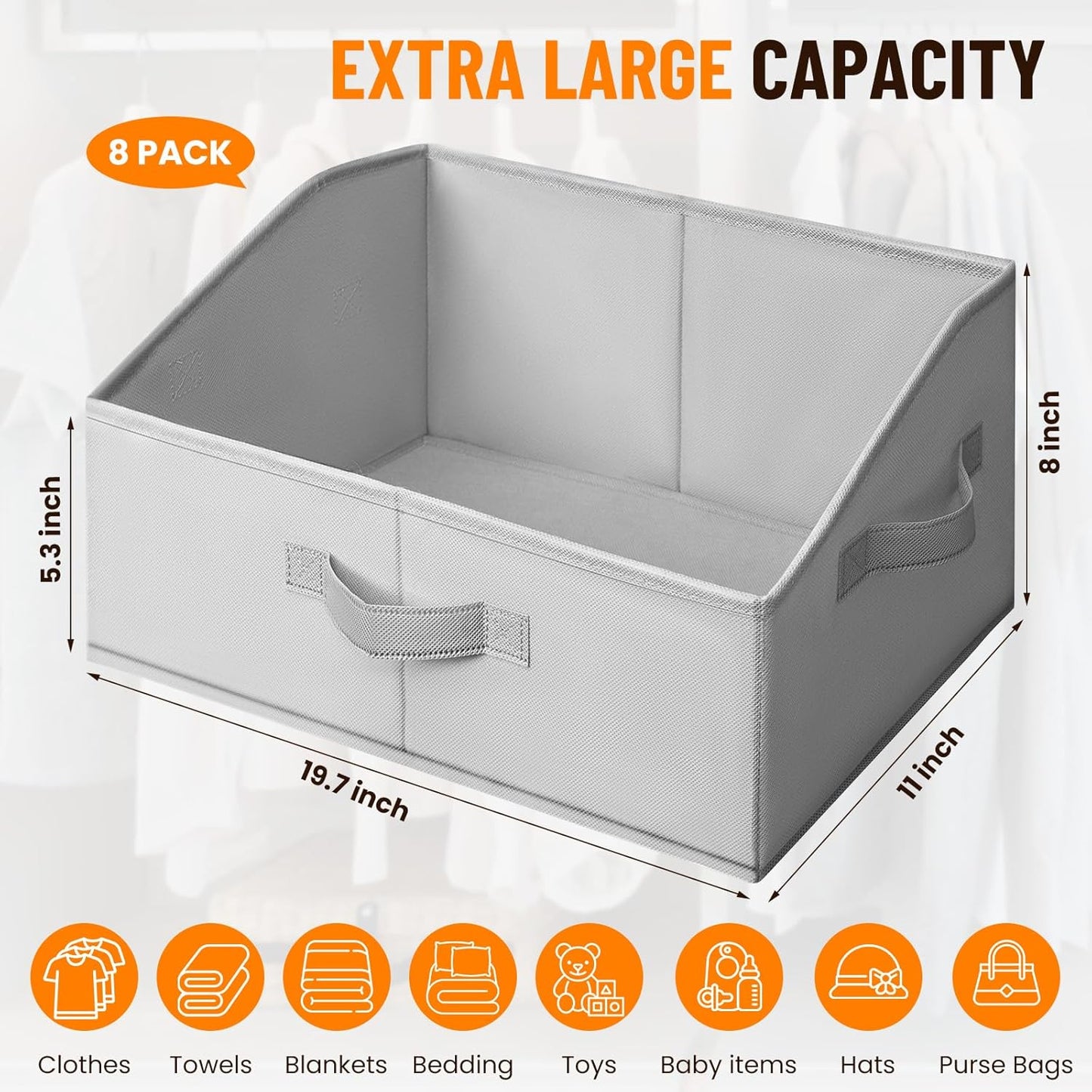 Extra Large Closet Organizers Bins 8 Pack - Blanket Basket for Organizing/Home Clothes Storage Bins for Jeans/Toy Organizers for Nursery/Wardrobe Shelf Closet Organization for Purse Hats Towel