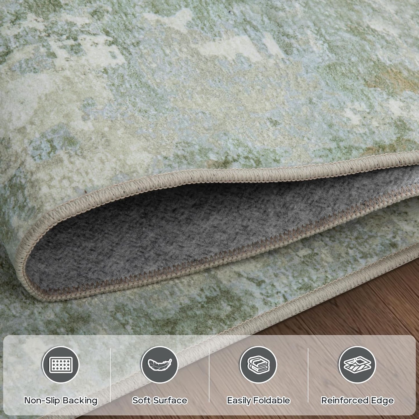 Runner Rug for Hallways Kitchen 2'6"x8' Washable, Non Slip Carpet 8ft Area Rugs Entryway Rubber Backed 8 Feet Neutral Abstract Modern Low Pile Indoor Green