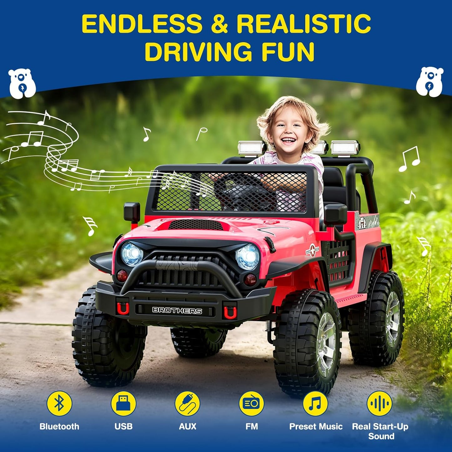 L8 2 Seater Ride On Car, 12V Kids Electric Car w/Remote Control, 4-Wheel Suspension, Bluetooth Speaker, Multi Music Modes, 3 Speeds, LED Lights, Xmas & Birthday Gift Ideas for Kids Ages 3+