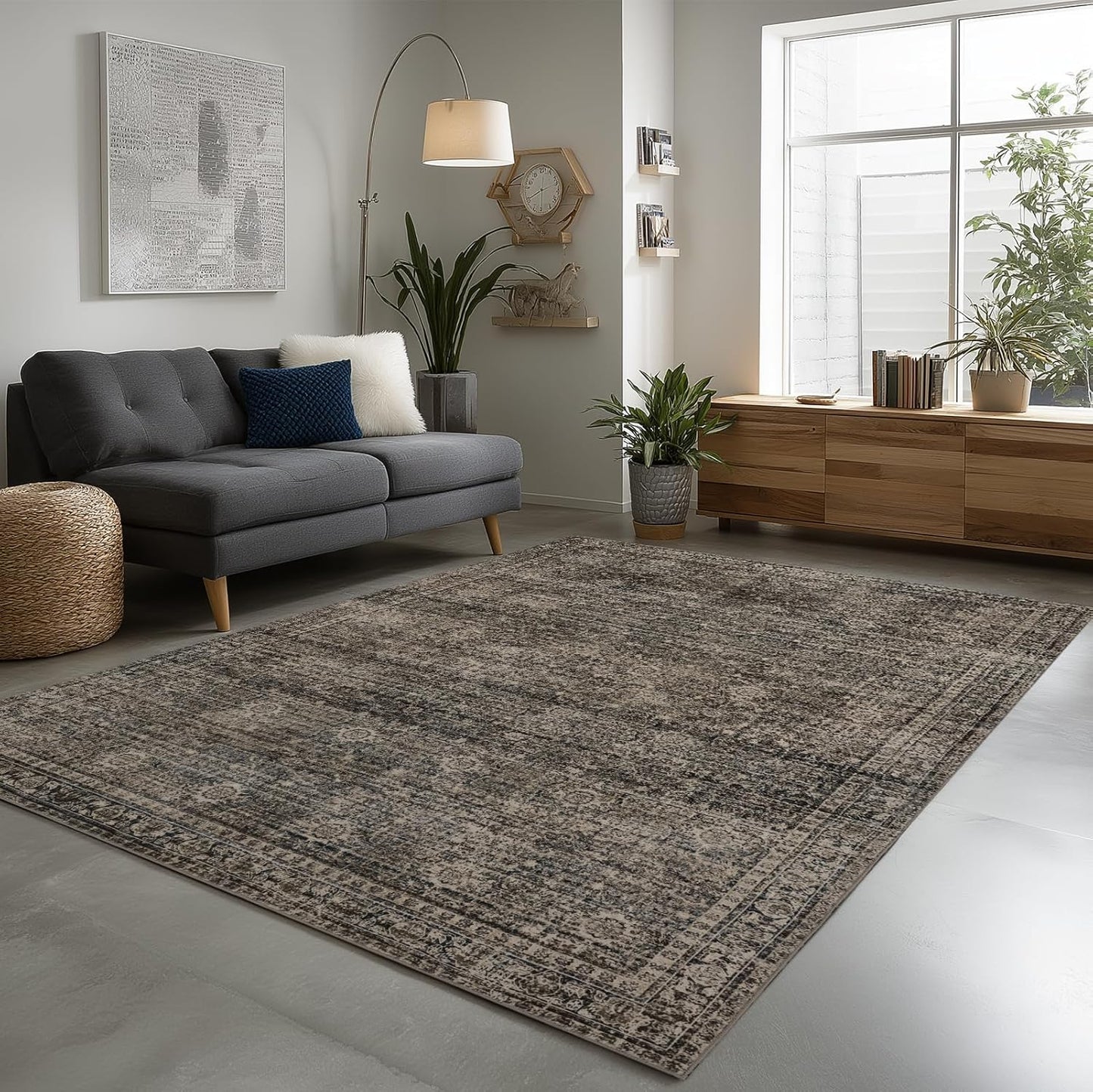 4x6 Washable Area Rug for Living Room, Carpet for Bedroom, Soft Faux Wool Retro Dining Room Rug, Non Slip&Non-Shedding Resistant Low Pile Vintage Print Rug for Home Office (Brown)