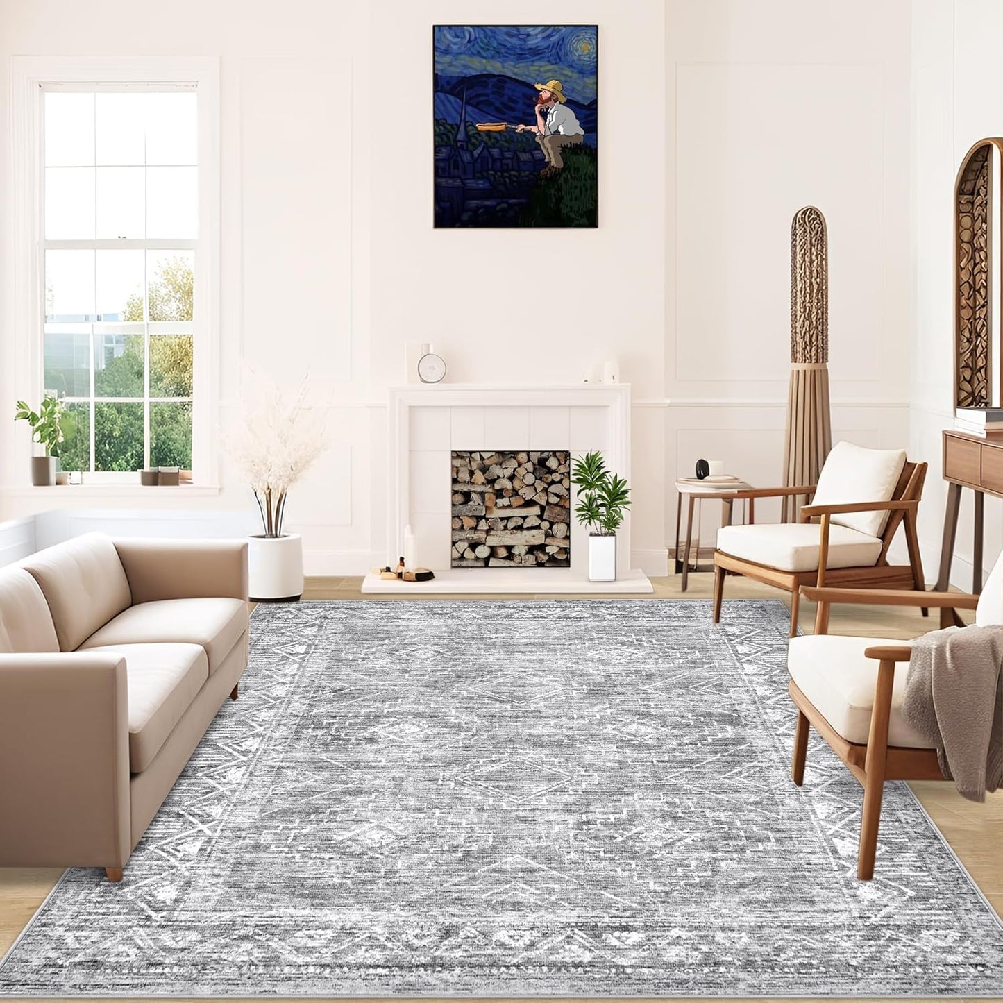Large Living Room Area Rug 8x10 - Machine Washable Vintage Boho Moroccan Rugs Geometric Neutral Rug Non-Shedding Low Pile Distressed Farmhouse Carpet for Bedroom Nursery Classroom Dorm (8 x 10, Grey)
