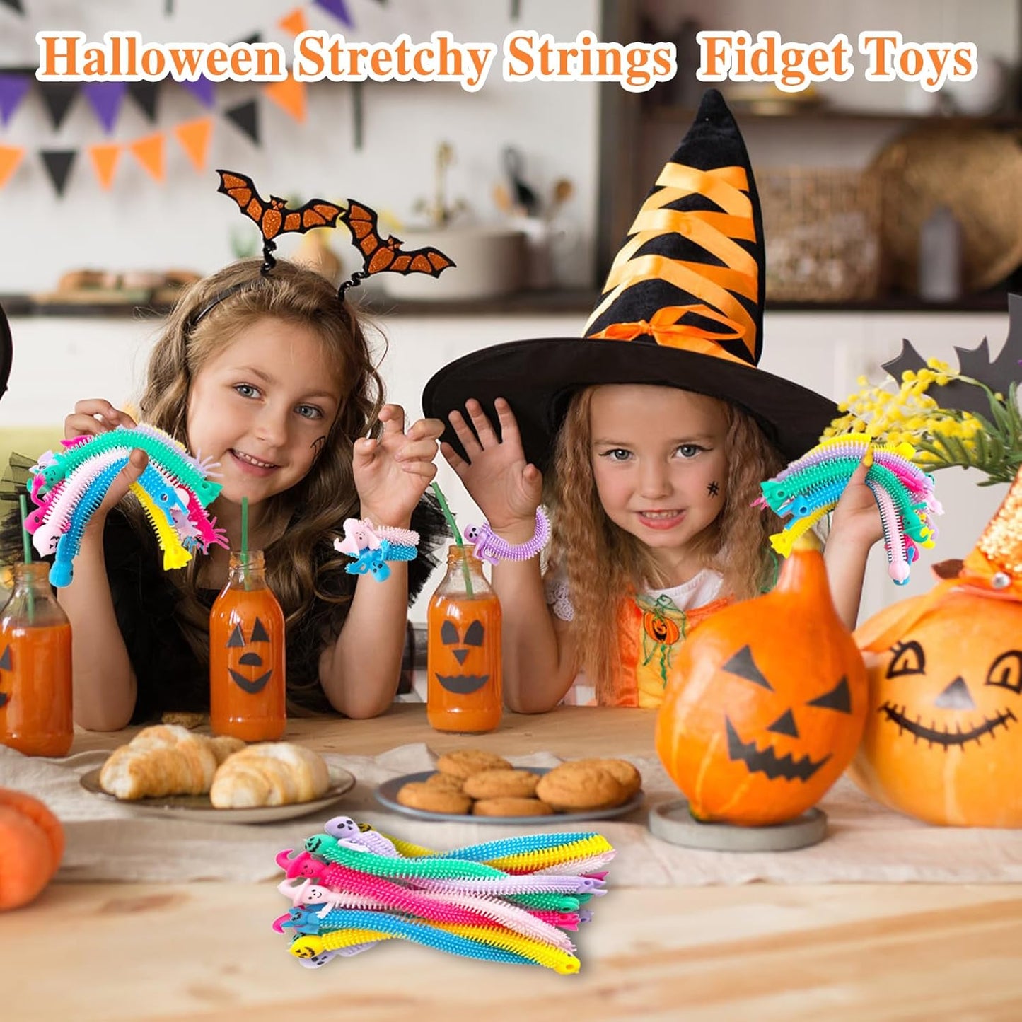 50 Pack Halloween Stretchy Strings Fidget Toy,Stress Relief and Anti-Anxiety Toy,Colorful Sensory Plaything with Witch Pumpkin Ghost Bat for Kids,Gifts,Party Favors,Adults,Boys,Girls