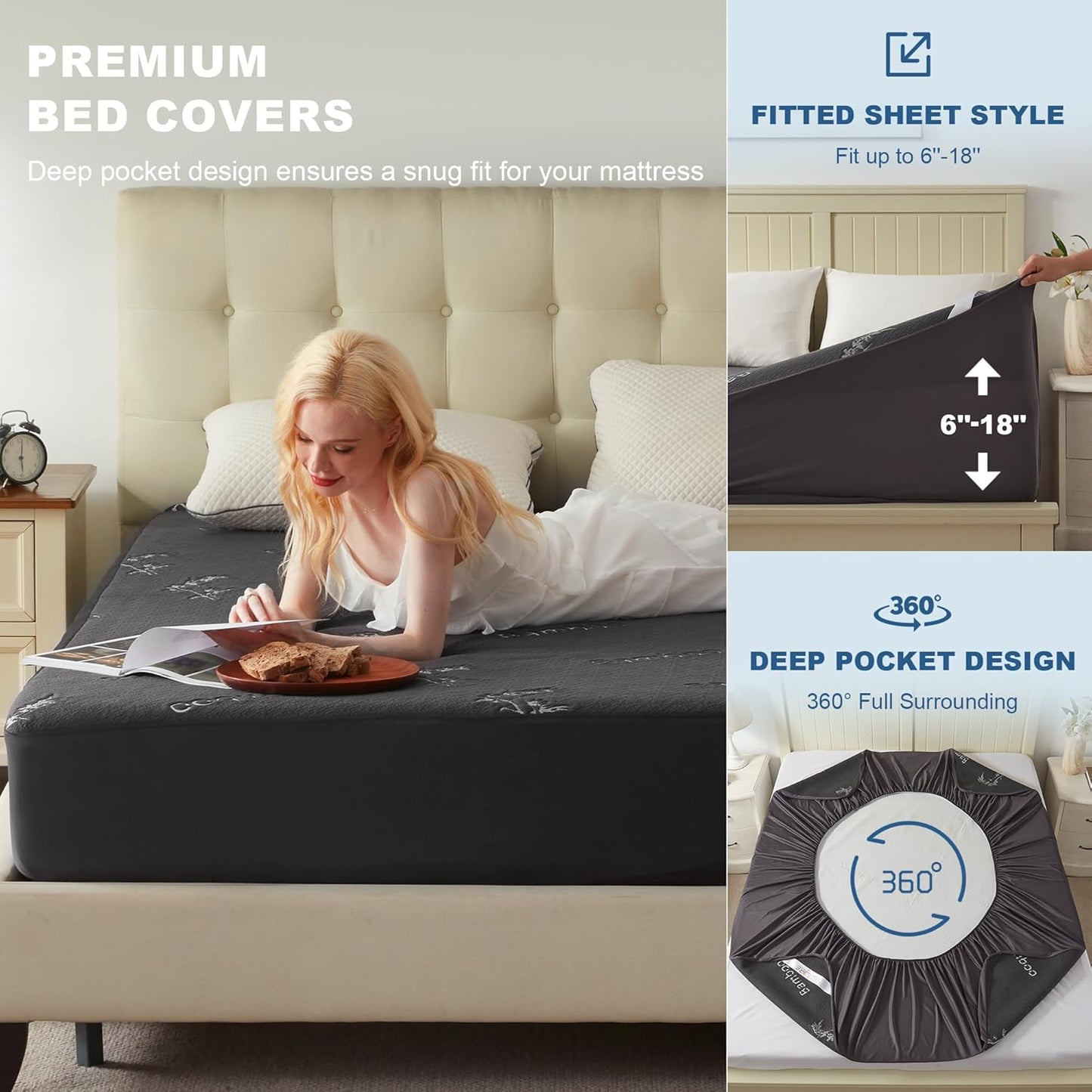 BEDLORE California King Size Mattress Protector Waterproof, Mattress Pad Fitted 6-18 Inch Deep Pocket, 3D Air Fabric Soft Double Bed Mattress Cover Noiseless Washable for Bedroom, Hotel, Gray