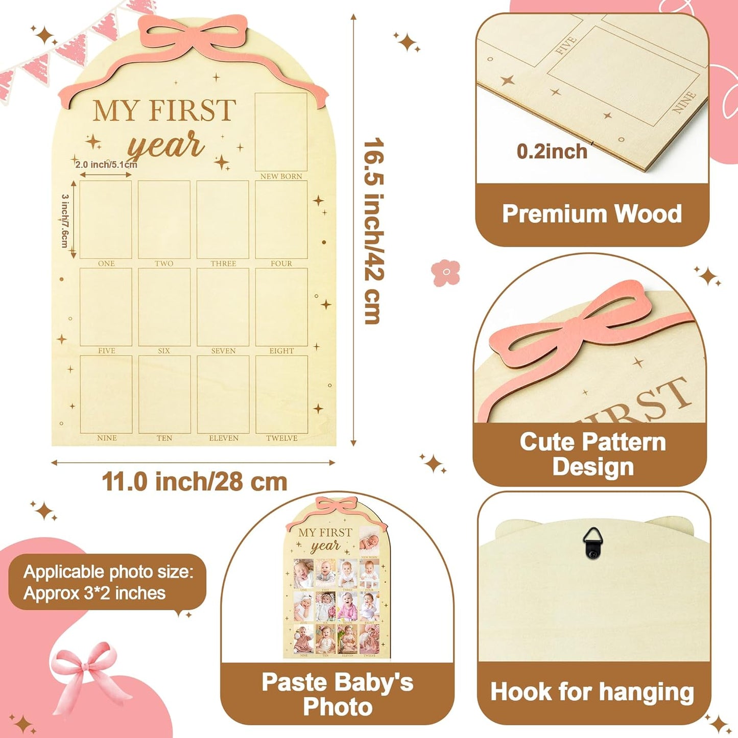R HORSE My First Year Photo Frame Board, 3D Coquette Pink Bow Display Wood Board, Baby’s First Year 12 Months Milestone Sign 1st Birthday Frame Nursery Decor Keepsake Gift for Boy Girl