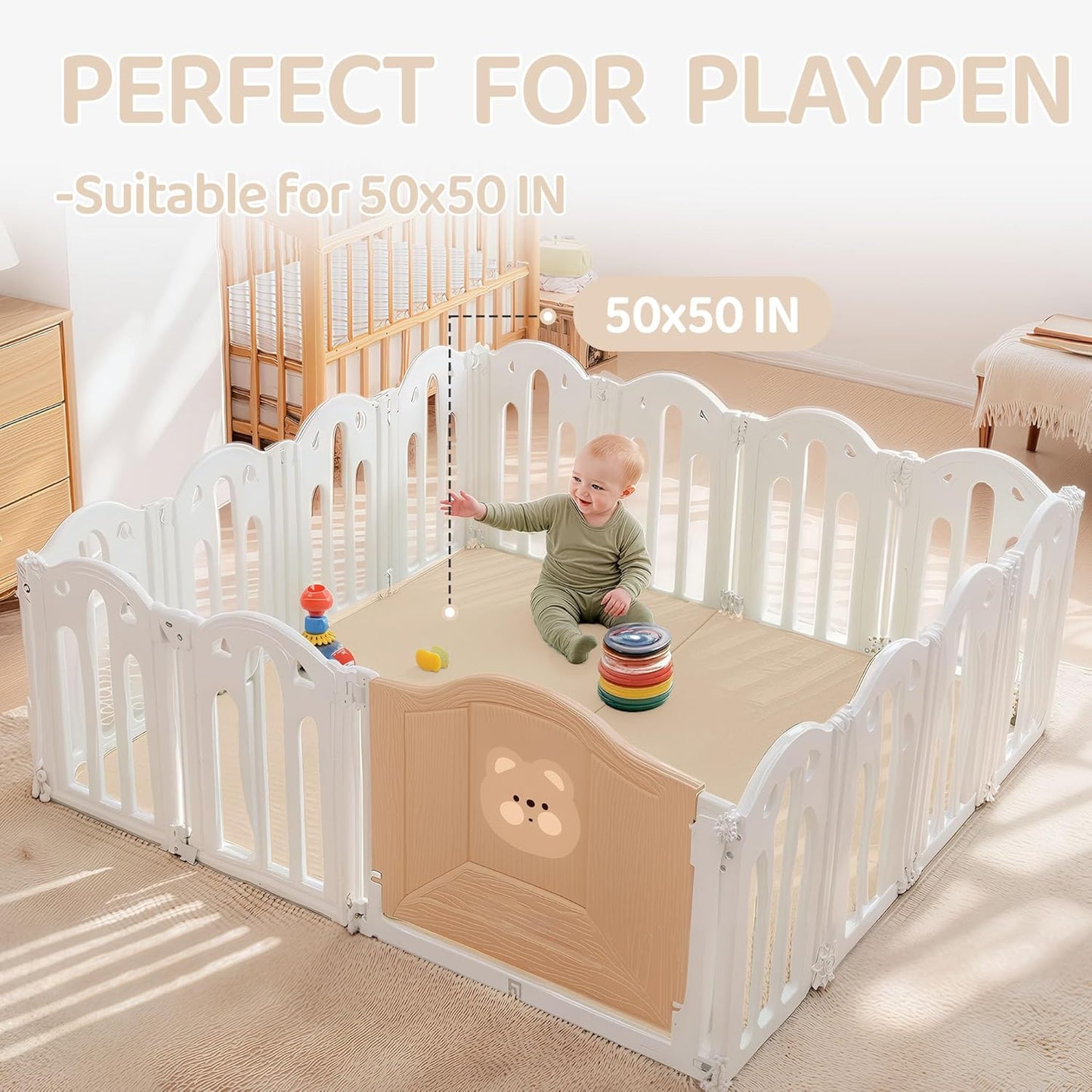 Bella’s Friends Foldable Baby Play Mat for Floor, 50"x50" Vegan Leather Playpen Mat, 1.2" Extra Thick Foam, Non-Toxic, Wipe-Clean, Travel-Ready, Non-Slip Crawling Mat for Kids Toddlers&Infants, Beige