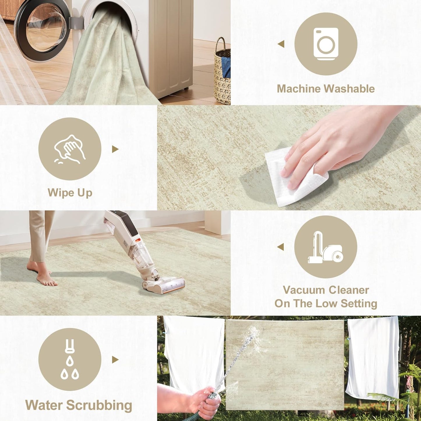 Washable Rug 6x9 Area Rugs, Abstract Large Living Room Rugs with Non-Slip Backing, Thin Carpet for Dorm Dining Room Table Nursery Indoor Home Office -Beige