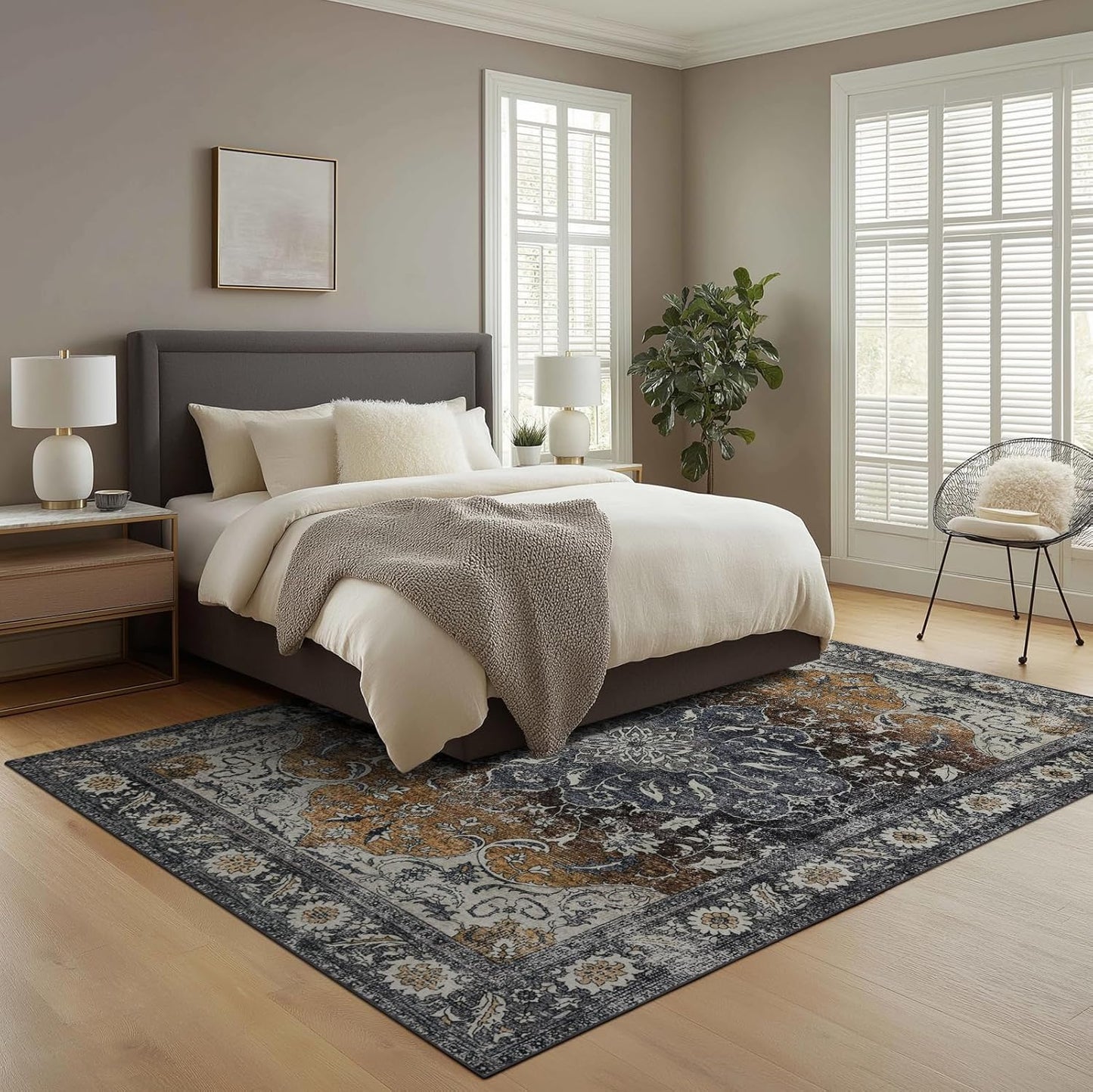 Washable Rugs 5x7 Area Rugs for Living Room, Thin Carpet for Bedroom, Soft Faux Wool Retro Dining Room Rug，Non Slip&Non-Shedding Resistant Low Pile Vintage Print Rug for Home Office (Tan/Gray)