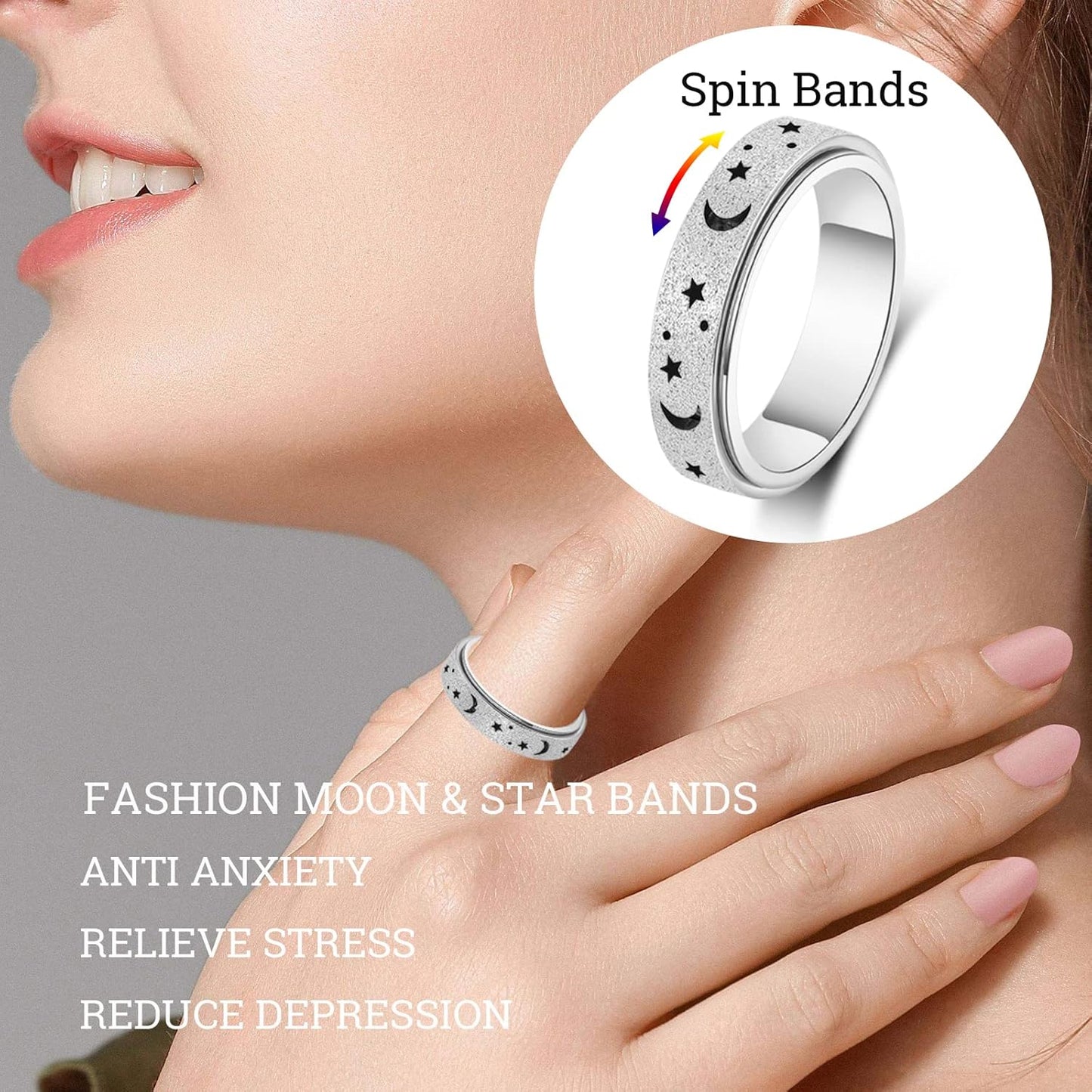 OreilleStar Anxiety Ring for Women Spinner Ring Fidget Ring Fidget Toys Adults Spinner Fidget Rings Stainless Steel Rose Gold Silver Rainbow Size 6