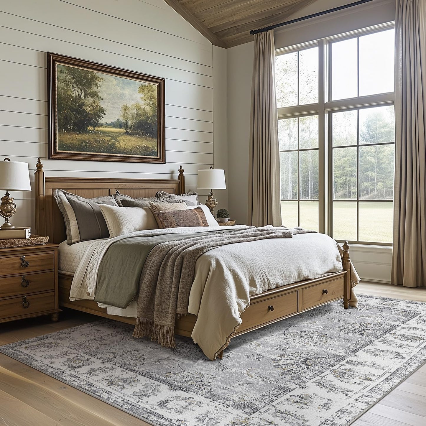 jinchan 8x10 Area Rugs for Living Room - Machine Washable Vintage Floral Distressed Design Stain Resistant Boho Carpet Low Pile Non-Slip Rug for Bedroom Dining Room Home Office (8‘x10',Grey)