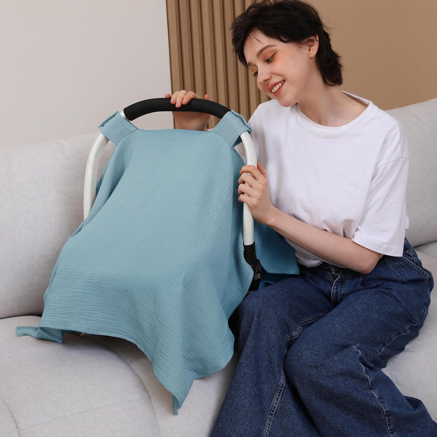 100% Muslin Cotton Car Seat Cover Baby, Carseat Canopy Cover, Universal Fit Stroller Covers for Boys and Girls (Blue)