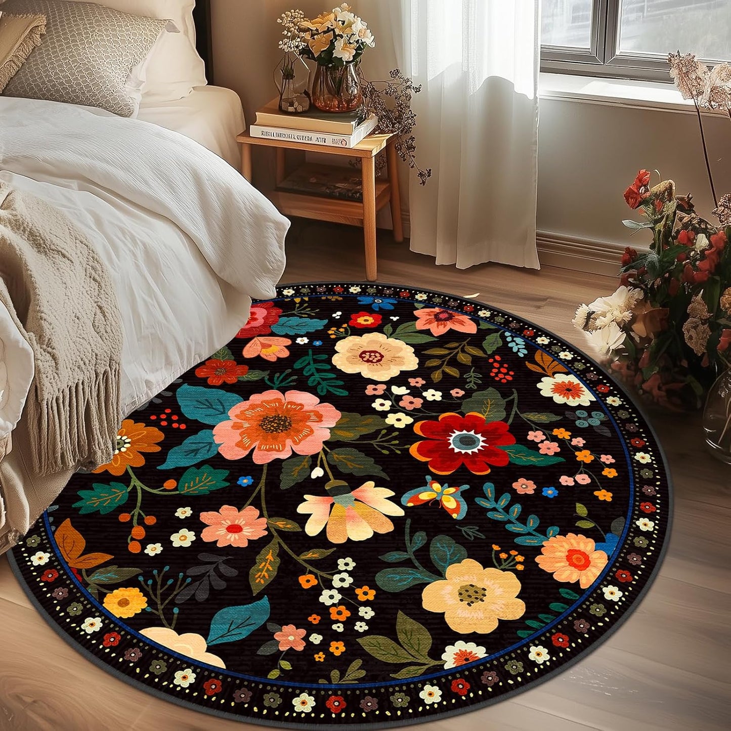 Floral 6ft Area Rug Machine Washable Soft Print Boho Carpet Non Slip Doormat Low Pile Flower Area Rugs for Living Room Bedroom Nursery Kitchen Dining Room Indoor-Black