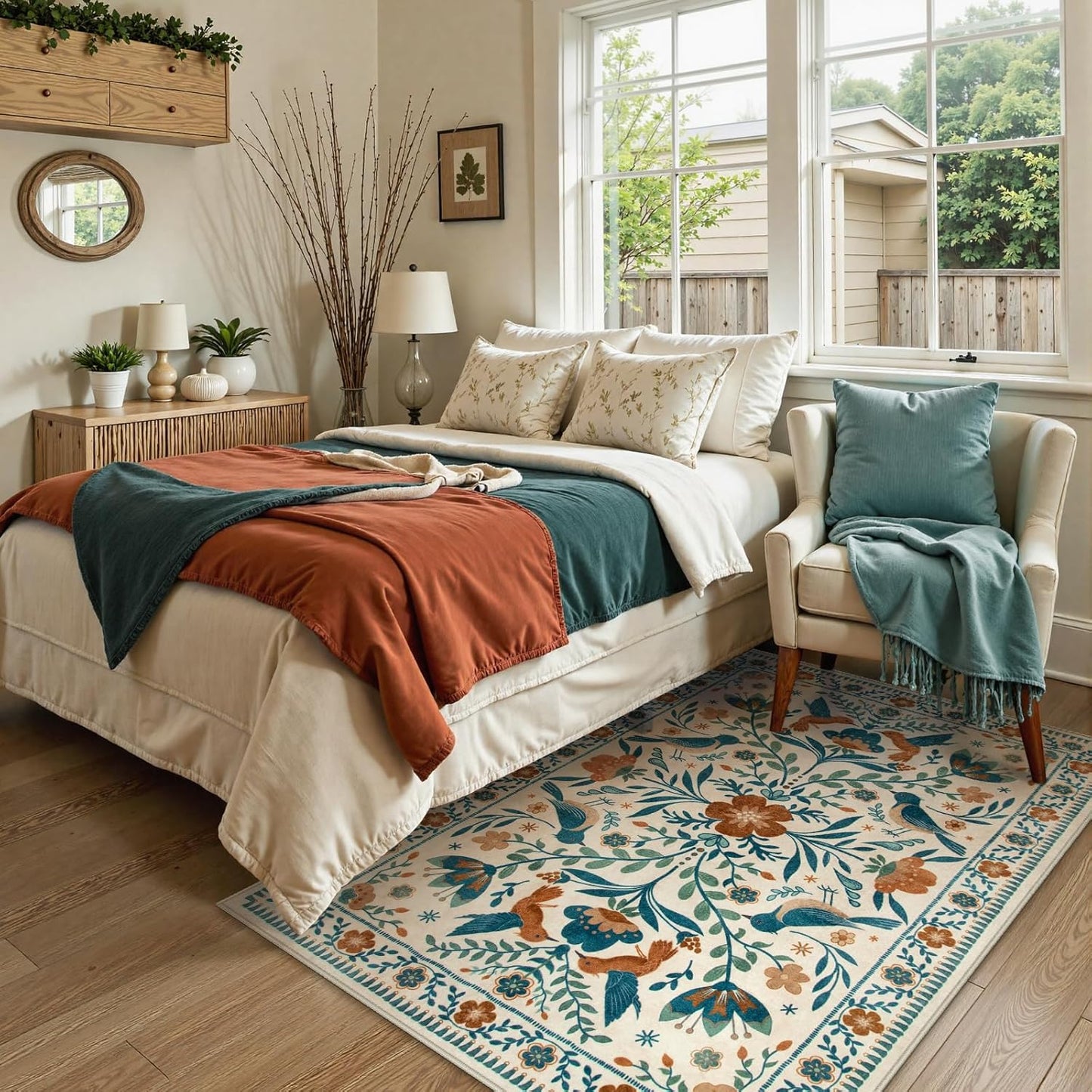 Moynesa Washable 3x5 Rug, Non Slip Kitchen Rugs Boho Bird Small Beige Living Room Area Carpet for Office Bedroom Bathroom, Indoor, Ultra Thin, Soft, Stain Resistant, Floral Entryway Mat