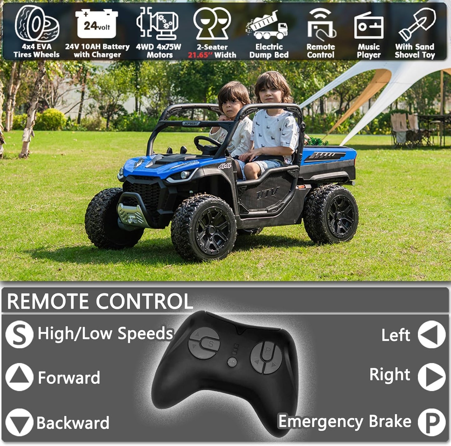 sopbost 24V 10Ah 2 Seater Ride On Car with Remote Control Battery Powered Ride On Toy Electric 4x4 Kids UTV with Large Dump Bed, 4x75W Motors, Blue