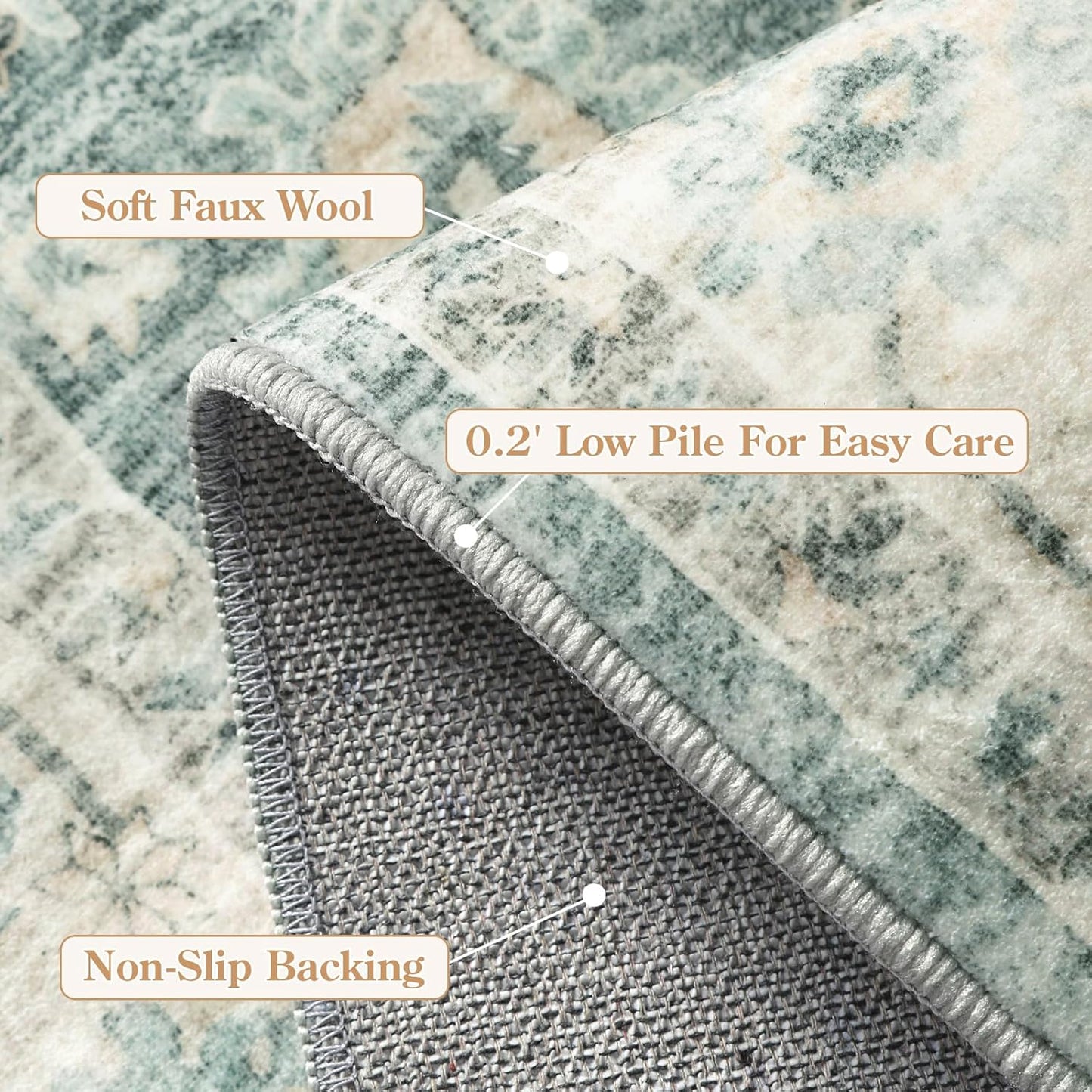 LIVEBOX Washable Area Rug 5x7 Rugs for Living Room Bedroom, Non-Slip Boho Indoor Carpet for Dining Room Office, Low-Pile Farmhouse Soft Carpets for Kids Nursery Playroom, Sage Green