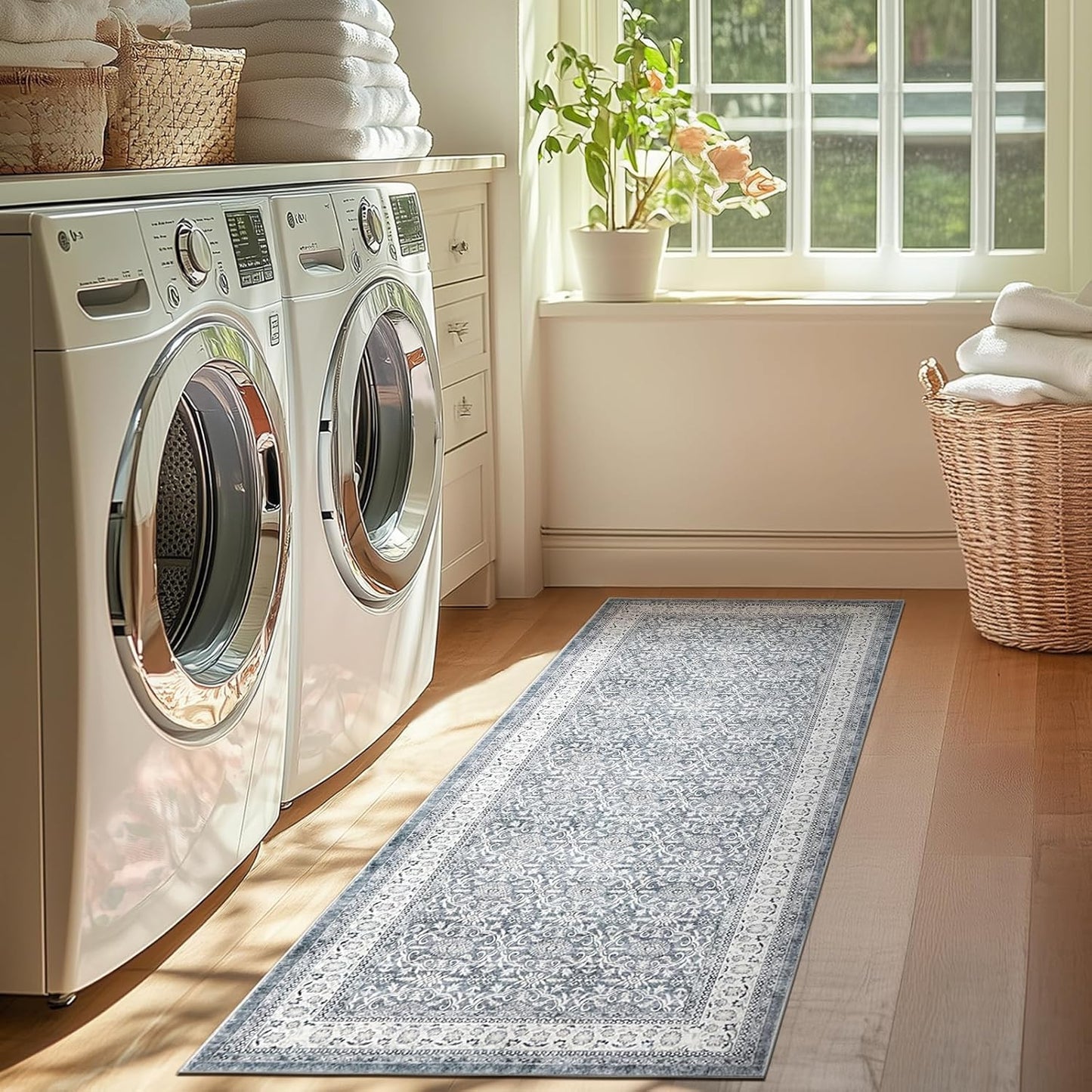 jinchan Hallway Runner Rug 2x8 - Machine Washable Grey Vintage Floral Distressed Design Soft Non-Slip Low-Pile Ultra-Thin Runner Rug for Kitchen Laundry Room Bedroom Farmhouse (2‘x8',Grey)