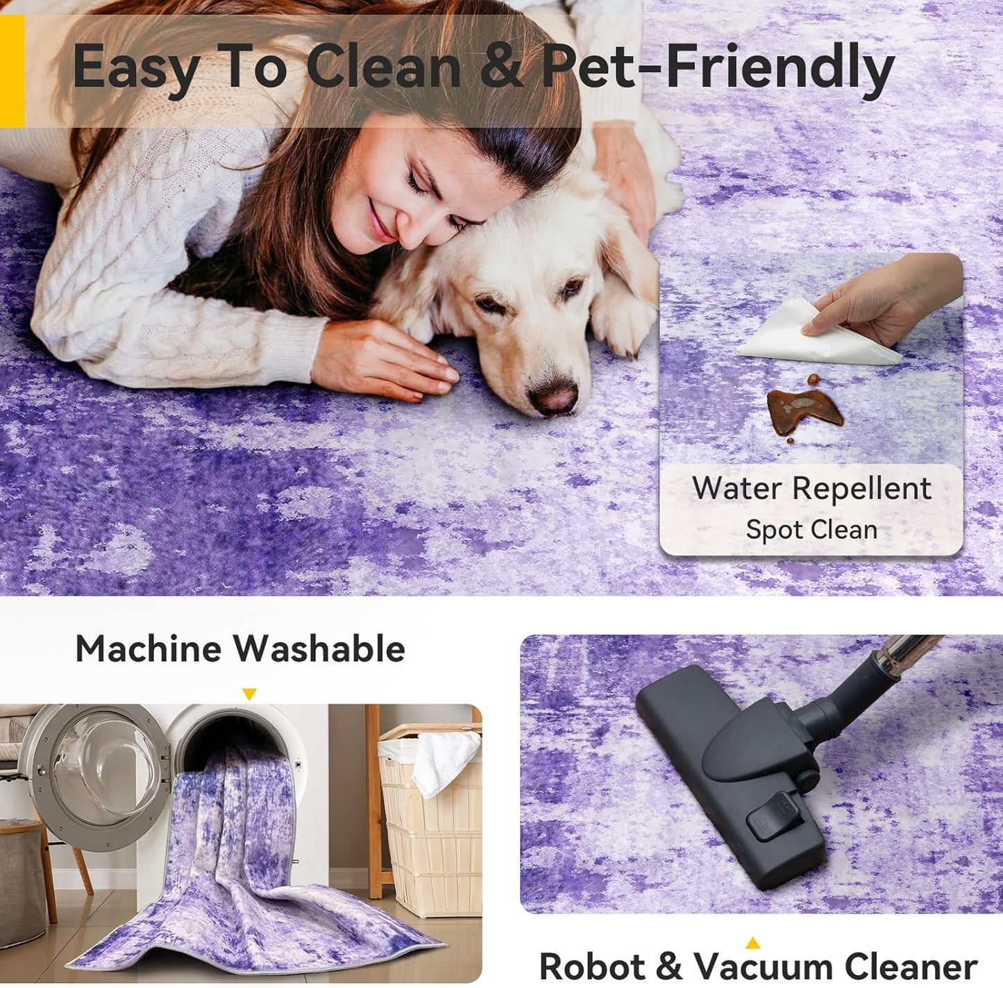 Washable Area Rugs 5'x7' Non-Slip Modern Abstract Soft for Living Room Entryway Bedroom Nursery, Print Pattern, Purple Gray Pink White