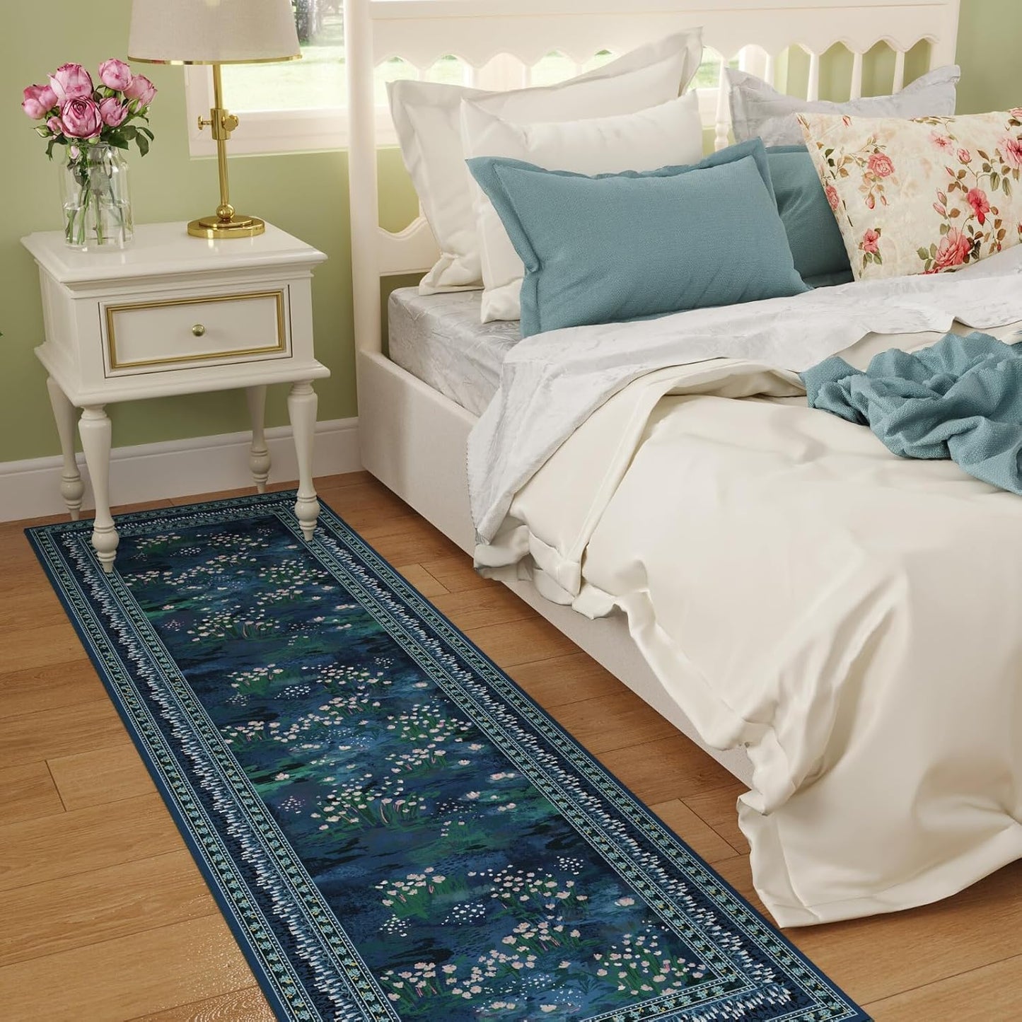 2x6 Runner Rug Impressionist-Style Vintage Kitchen Rugs Non Slip Washable Soft Carpet Runner for Kitchen Laundry Bedroom Bathroom, Blue