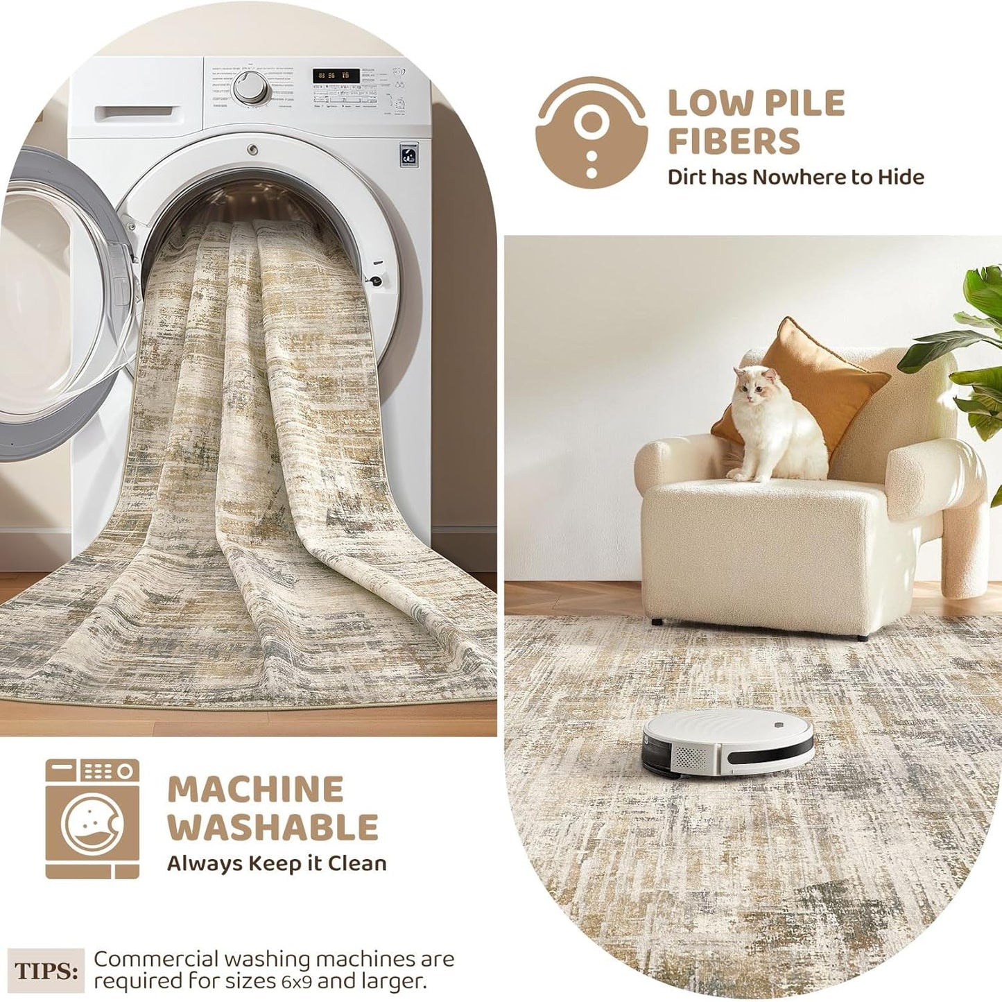 Area Rug for Living Room: 3x5 Washable Neutral Abstract Modern Soft Rugs Non Slip Indoor Floor Stain Resistant Carpet for Bedroom Dining Room Office Nursery - Golden Brown