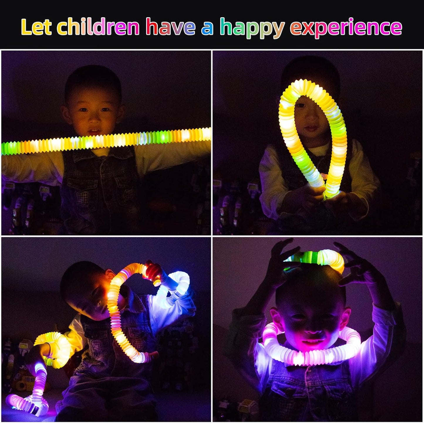 Light Up Pop Fidget Tubes: Glow Sensory Tube Stretch Toys for Kids Party Favors - Mini Plastic Pull Tubes Bulk with LED Lights Glowing Stick in the Dark (12 Pcs)