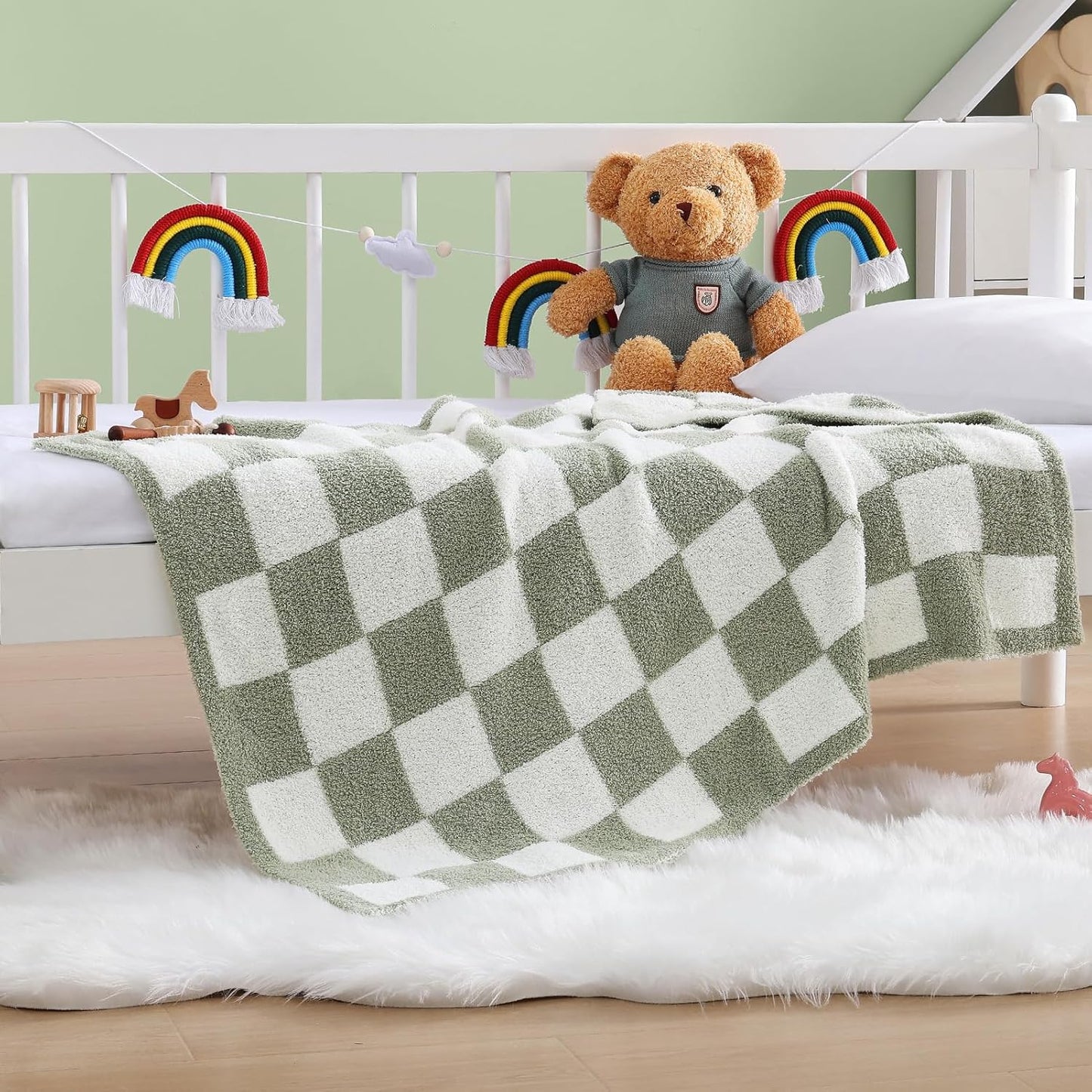 WRENSONGE Checkered Throw Blanket, Sage GreenSoft Cozy Fluffy Warm Hand Made Throw Blankets for Couch, Sofa, Chair, Bed, Camping, Picnic, Travel Lightweight Bed Blanket - 30"*40"