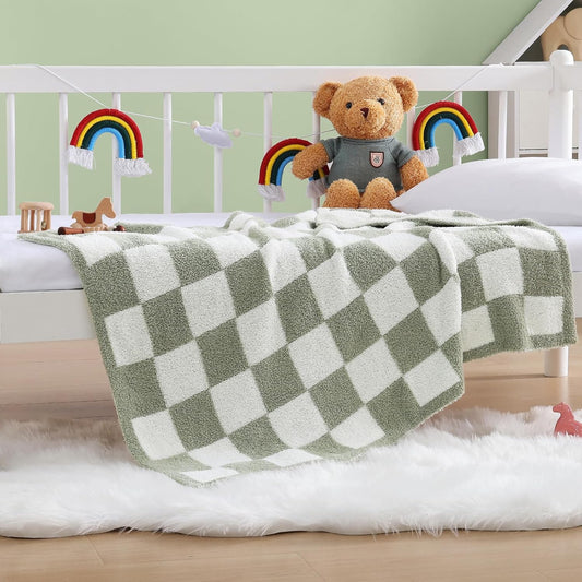 WRENSONGE Checkered Throw Blanket, Sage GreenSoft Cozy Fluffy Warm Hand Made Throw Blankets for Couch, Sofa, Chair, Bed, Camping, Picnic, Travel Lightweight Bed Blanket - 30"*40"