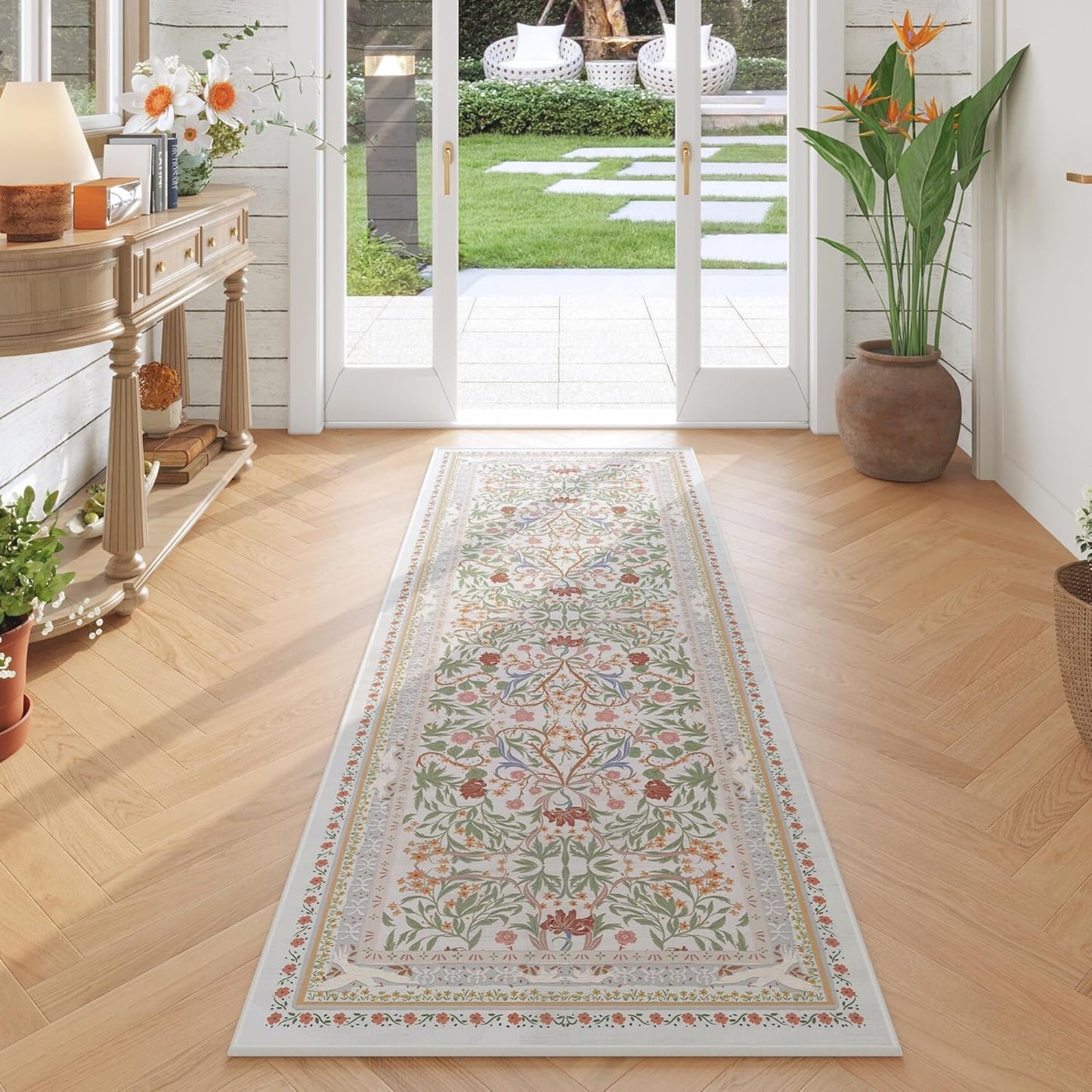 Runner Rug for Kitchen Rug Non Slip 2'6"x8' Washable Rugs with Rubber Backing Soft Vintage Floral Botanical Carpet Runner for Kitchen, Laundry, Bedroom, Bathroom, Beige