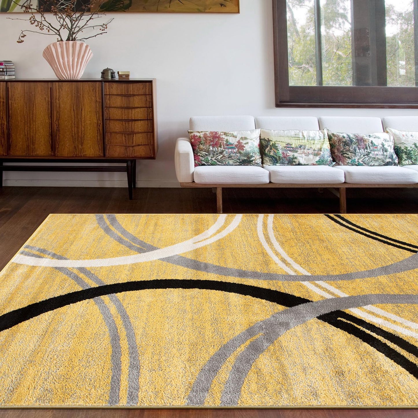 Rugshop Modern Wavy Circles Design Area Rug 10' x 14' Yellow