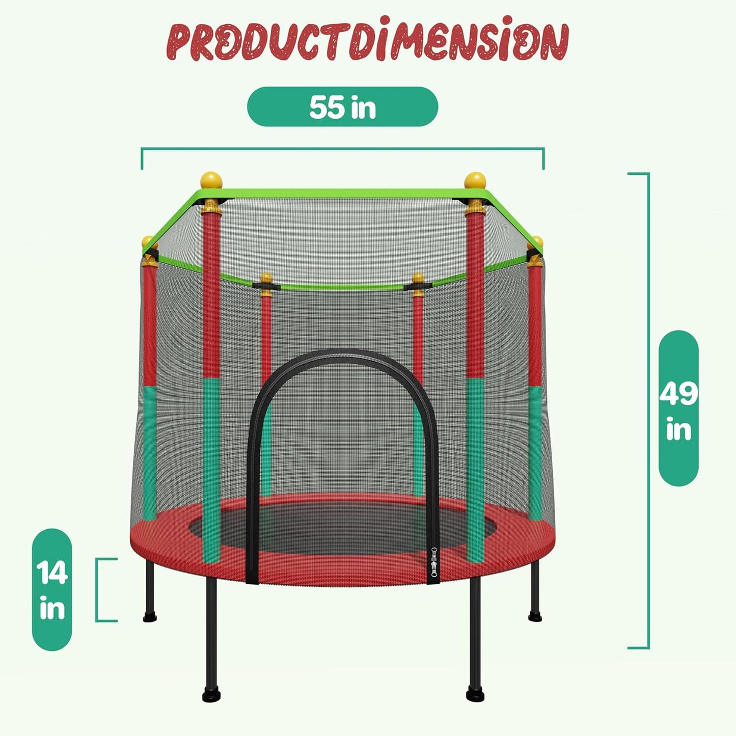 55IN Trampoline for Kids - Indoor/Outdoor Play with Enclosure Net - Easy to Assemble Recreational Trampoline - Red