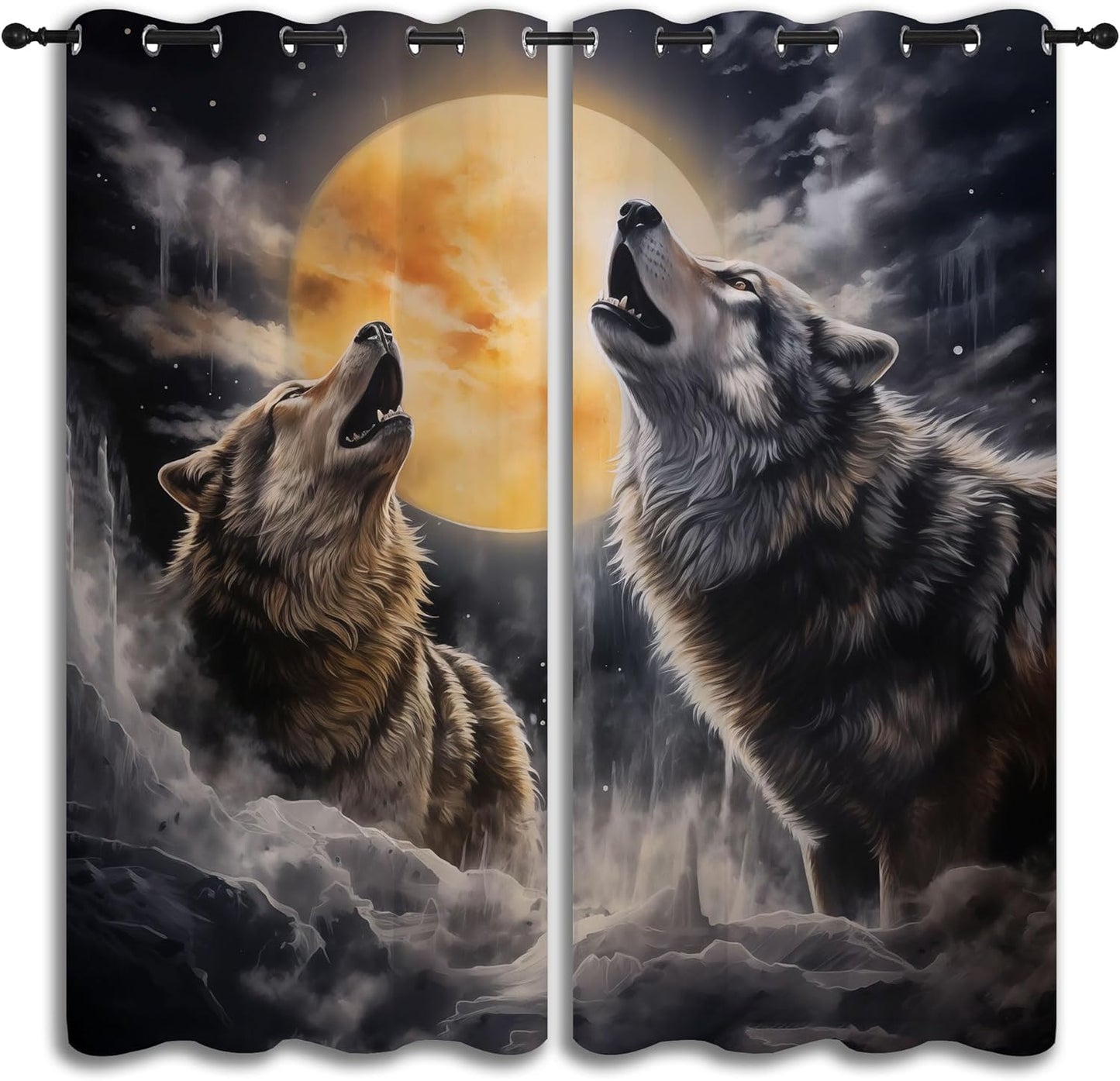 Fantasy Wolf Blackout Curtains for Boys Girl Bedroom Decor,Full Moon Starry Sky Wildlife Retro Thermal Insulated Grommet Drapes Darkening Window Curtain for Living Room Home 84x63 inch