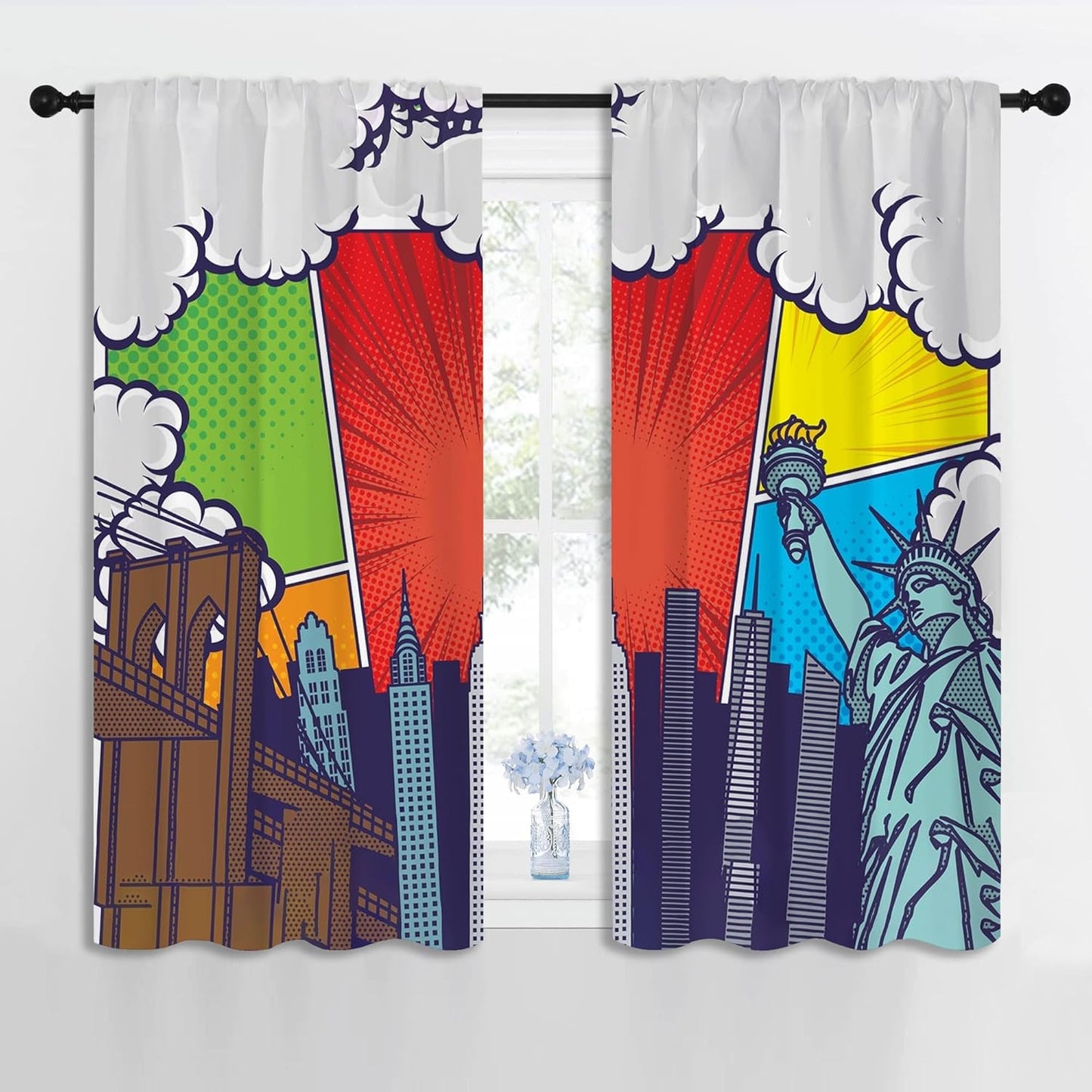 City Rod Pocket Blackout Curtains for Boy Girl Bedroom, Pop Art Style New York Cityscape Home Energy Efficient Light Filtering Window Curtain for Living Room, 42x63 inch