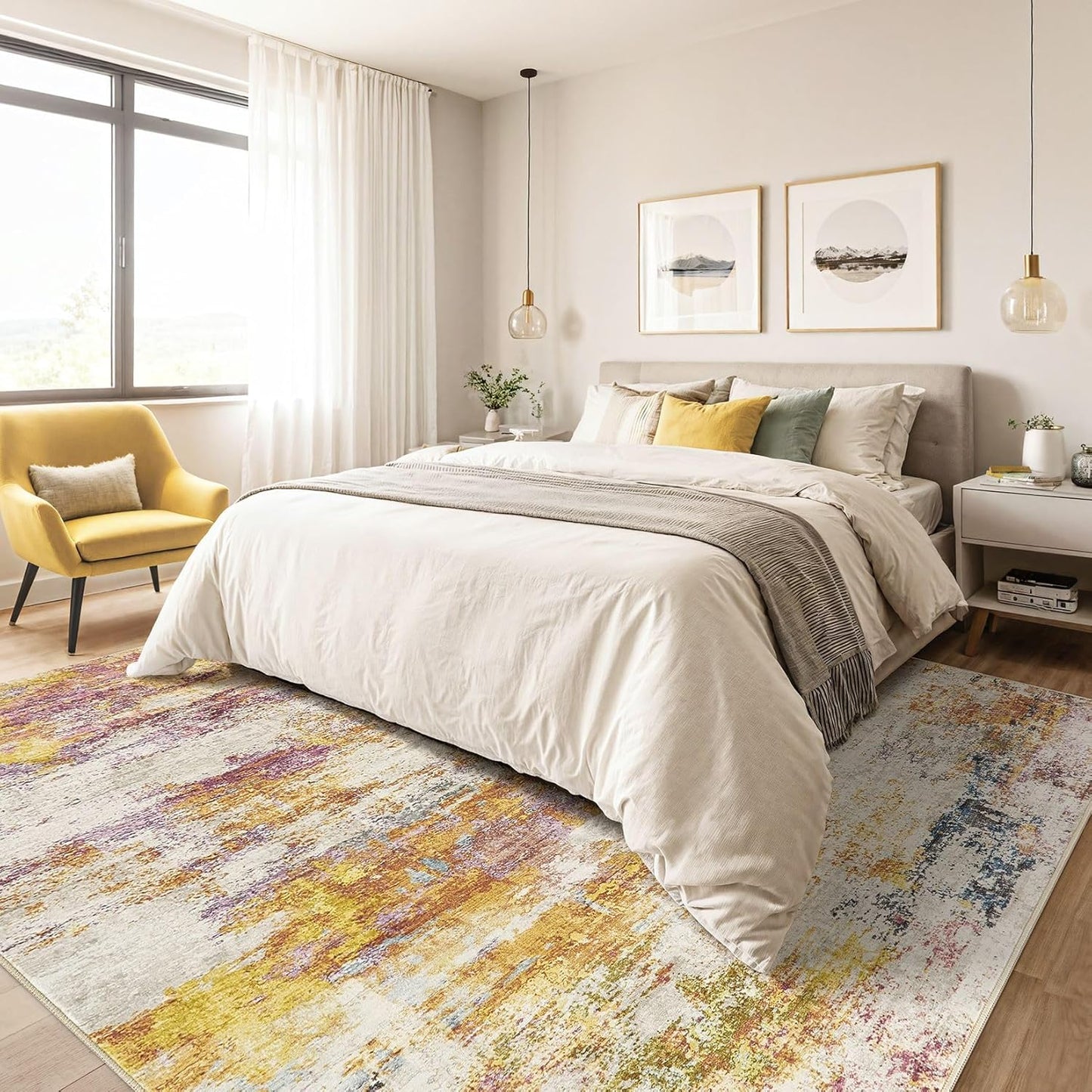 10x14 Area Rugs Living Room: Washable Large Abstract Modern Soft Stain Resistant Indoor Floor Rugs Non-Slip Accent Carpet for Bedroom Nursery Playroom Office Dining Room Dorm Home House- Gold Colorful