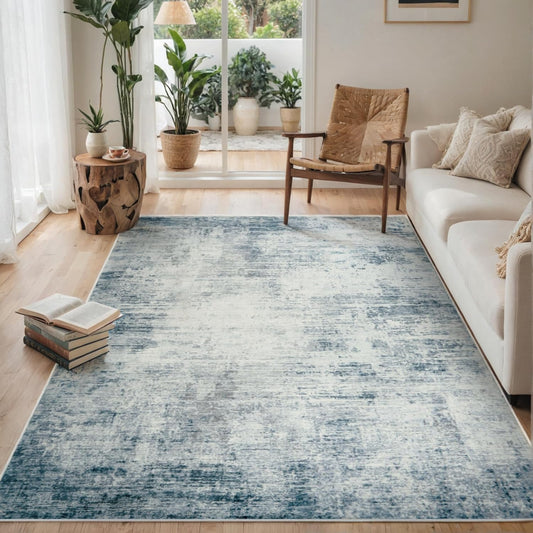 Washable Rug 6x9 Area Rugs, Abstract Washable Rugs with Non-Slip Backing, Stain Resistant Indoor Floor Carpet for Bedroom Dining Room Table Nursery Hallway Home Office-Blue/Ivory