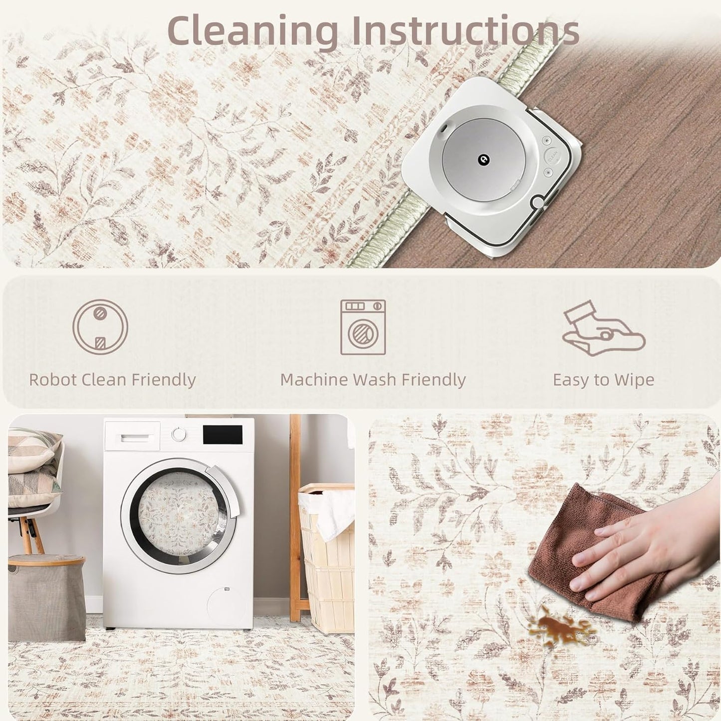 Door Mat Indoor Entrance Rug 2x3, Washable Soft Floral Boho Area Rug Non-Slip Low Pile Small Throw Rugs for Entryway, Kitchen, Entry, Kids Room(2'x3', Floral Beige)