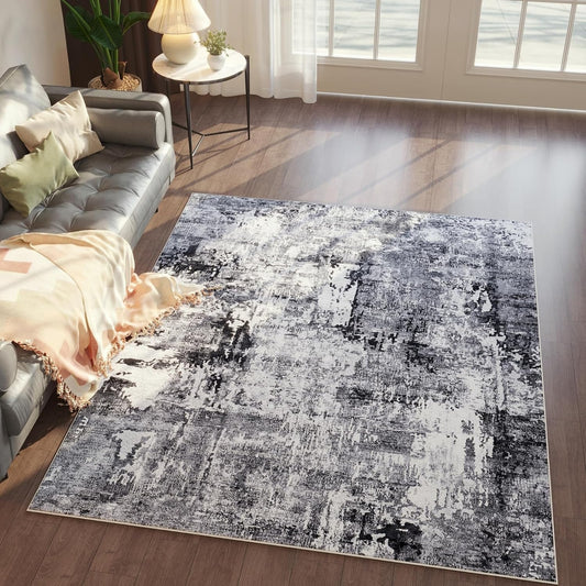 4x6 Rug Washable Boho Soft Area Rug Abstract Pattern Non-Slip Faux Wool Vintage Rug for Living Room, Bedroom Rug, Farmhouse, Dining Room, Kids Playroom, Grey and Black