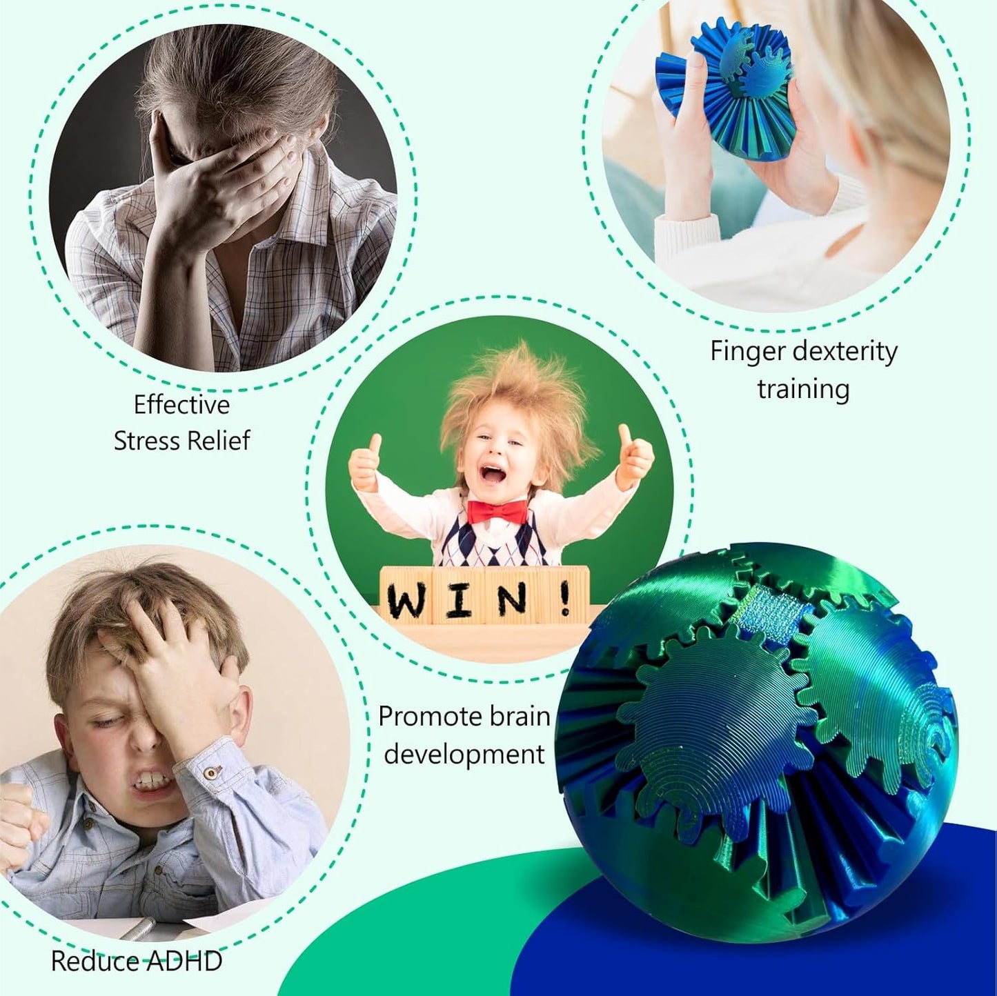 Gear Ball, 3D Printed Gear Ball Spin Ball Cube Fidget Toy, Gear Sphere Fidget Ball, Stress Ball, GearSphere Desk Toy, Gear Toy for Stress and Anxiety Relaxing (Laser Green)