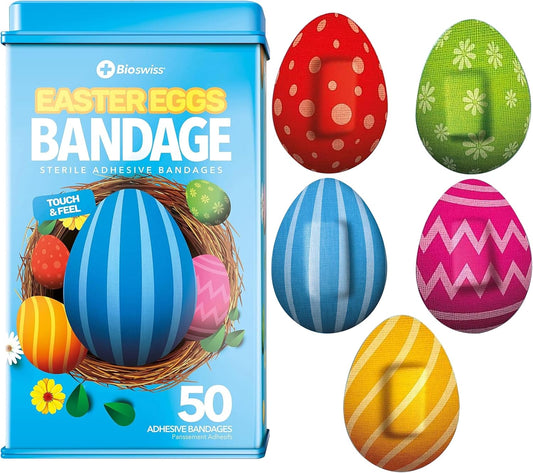 BioSwiss Bandages, Easter Egg Shaped Self Adhesive Bandage, Latex Free Sterile Wound Care, Fun First Aid Kit Supplies for Kids, 50 Count